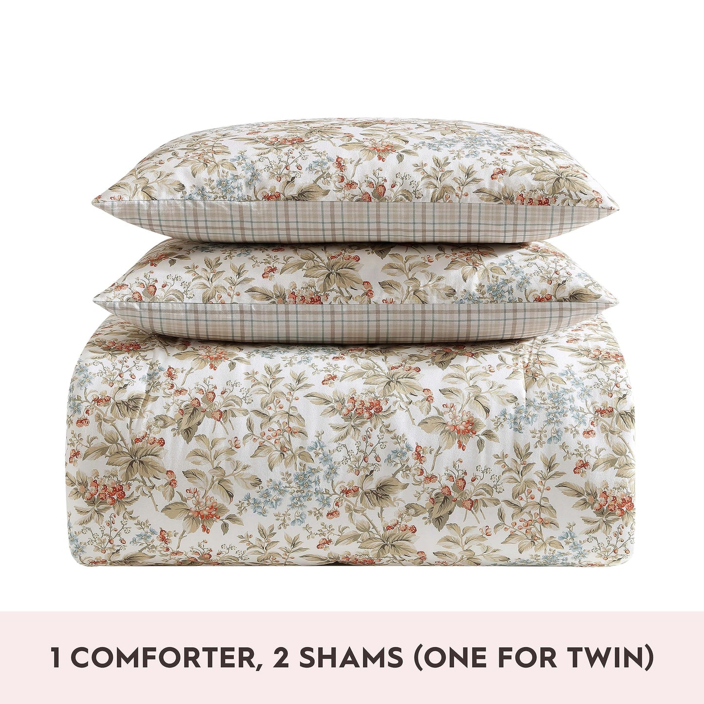 Laura Ashley - Queen Comforter Set, Reversible Cotton Bedding with Matching Shams, Floral Home Decor with Plaid Reverse (Bramble Floral Beige, Queen)