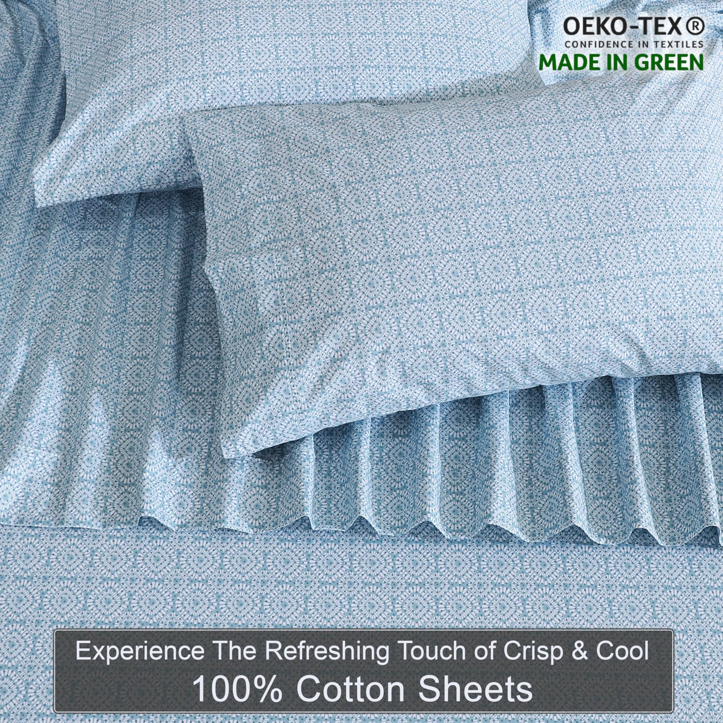 ZOYER 100% Cotton Percale Sheets Queen – Cooling Breathable Bed Sheets for Hot Sleepers, Crisp Hotel Style Bedding, Deep Pocket 16”, Lightweight Soft Durable 4 Pcs Sheet Set, Teal Geo