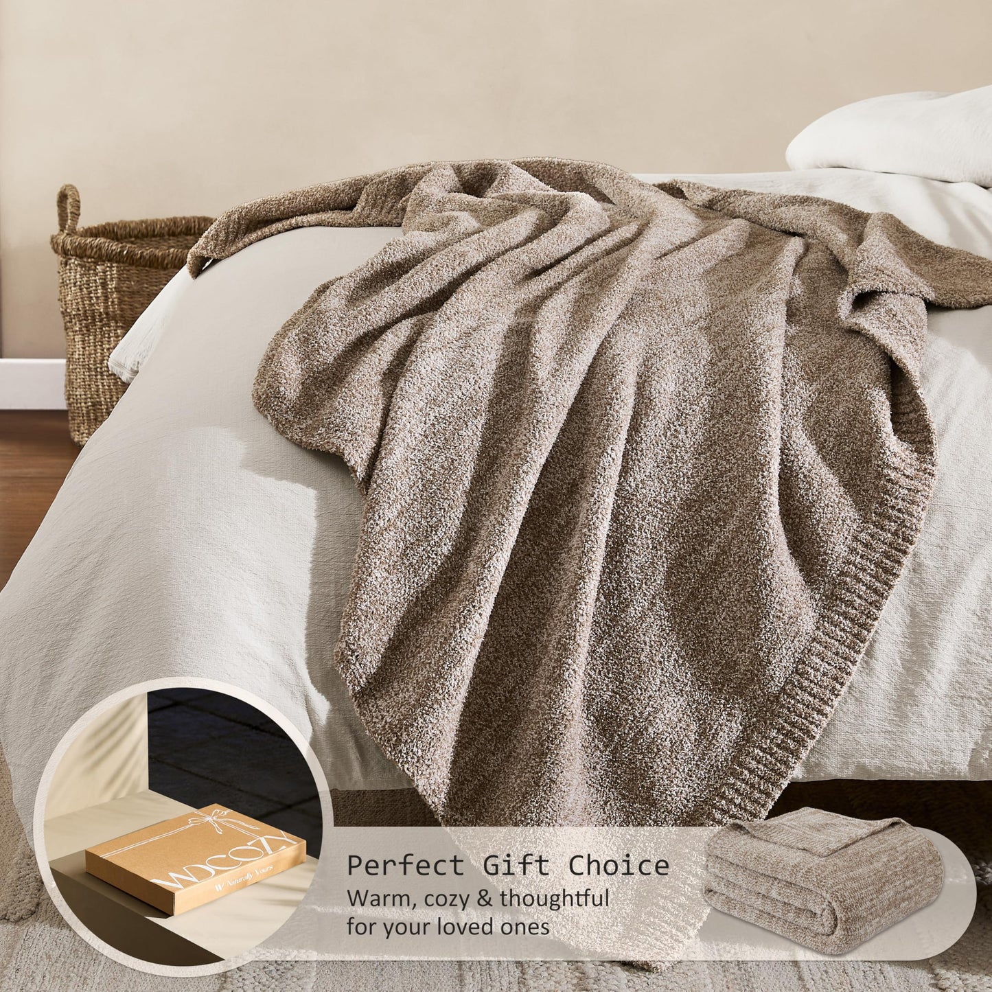 WDCOZY Taupe Melange Throw Blanket for Couch Bed Travel Camping, Reversible Super Soft Plush Knitted Blanket, Lightweight Cozy Fuzzy Fluffy Warm Throw, Textured Blanket for Home Decor, Tan 50"x60"