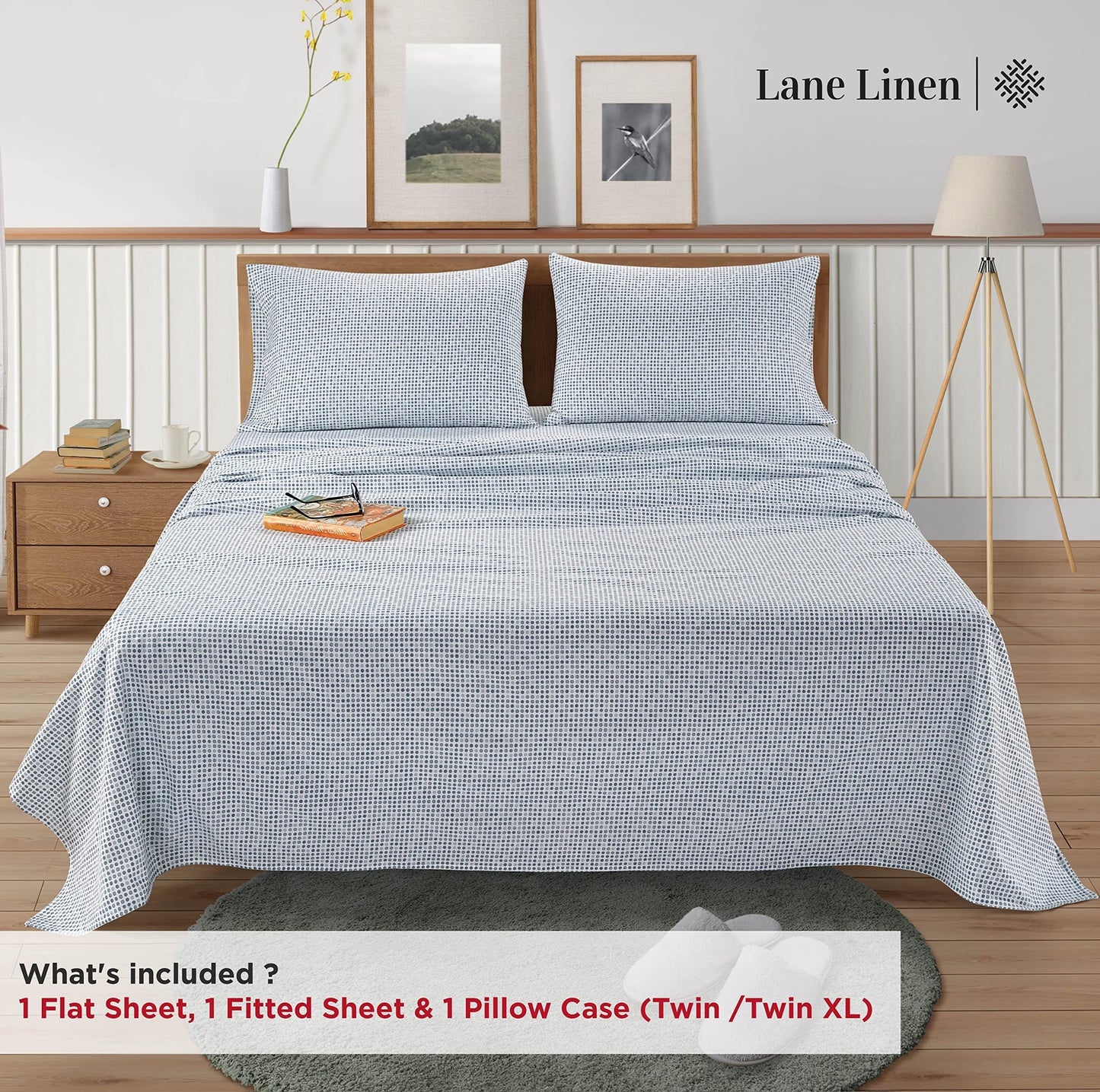 LANE LINEN 100% Cotton Queen Flannel Sheets - Brushed for Extra Softness - Queen Size 100% Cotton Sheets Queen Size Bed Set - Warm & Cozy Flannel Winter Bed Sheets, 15" Deep Pocket - Polka Dot Blue