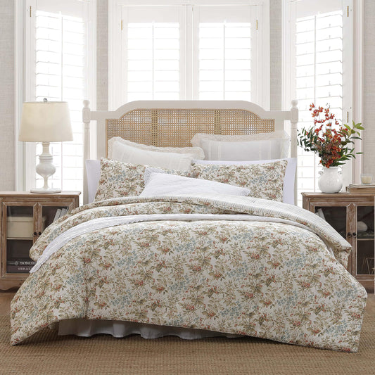 Laura Ashley - Queen Comforter Set, Reversible Cotton Bedding with Matching Shams, Floral Home Decor with Plaid Reverse (Bramble Floral Beige, Queen)