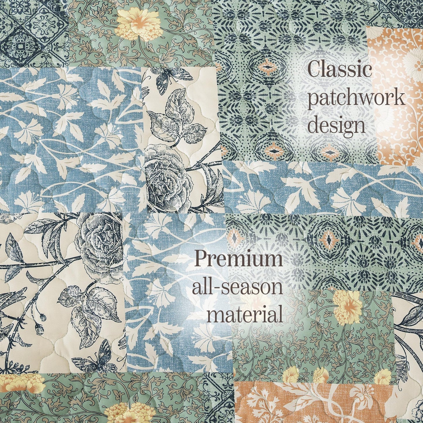 BLOOMHAVEN Quilt Set Queen Size, Patchwork Green Floral Quilt Sets, Reversible Bedspread Lightweight and Breathable for All Seasons, Soft Quilted Bedspread with 2 Pillow Shams