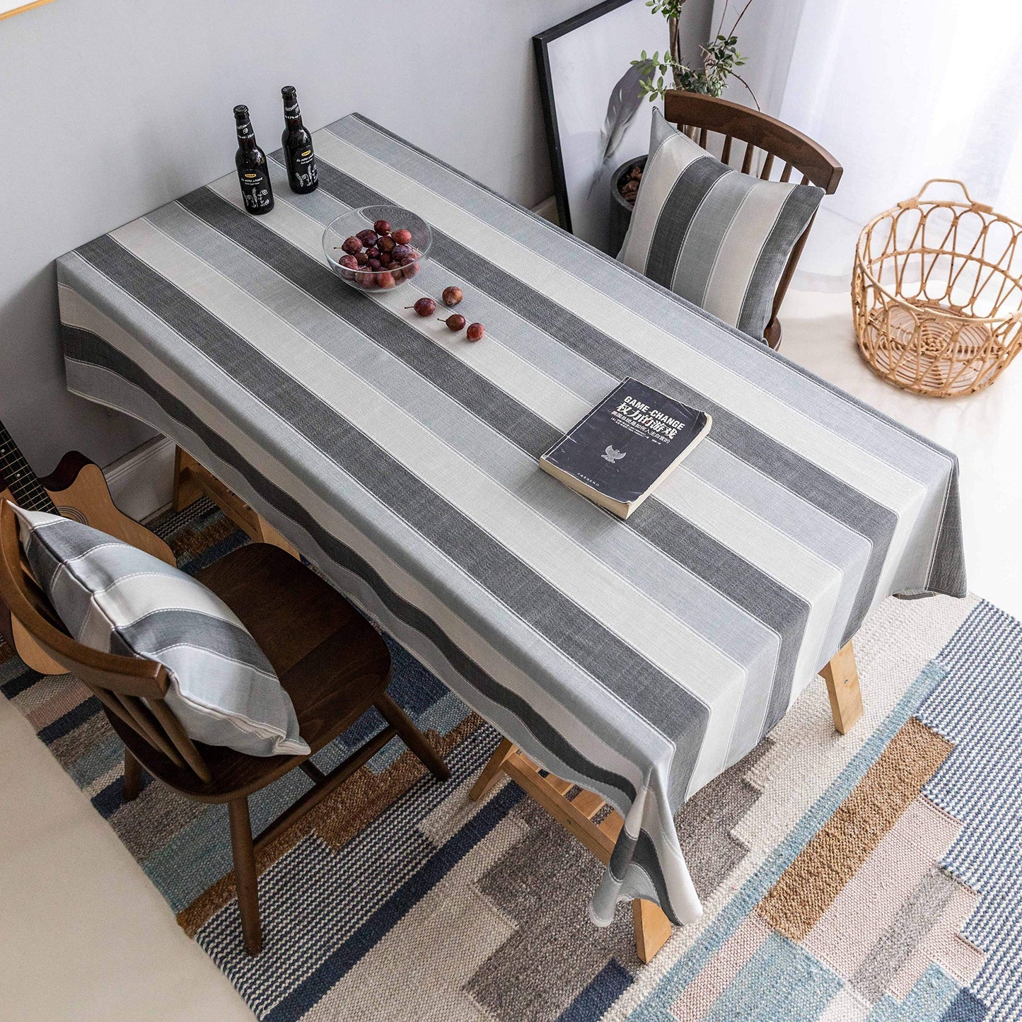 Home Brilliant Square Tablecloth 52x52, Striped Table Cover for Kitchen, Cotton Linen Table Cloth for Indoor Outdoor Picnic(52 x 52 Inch, Dark Grey)