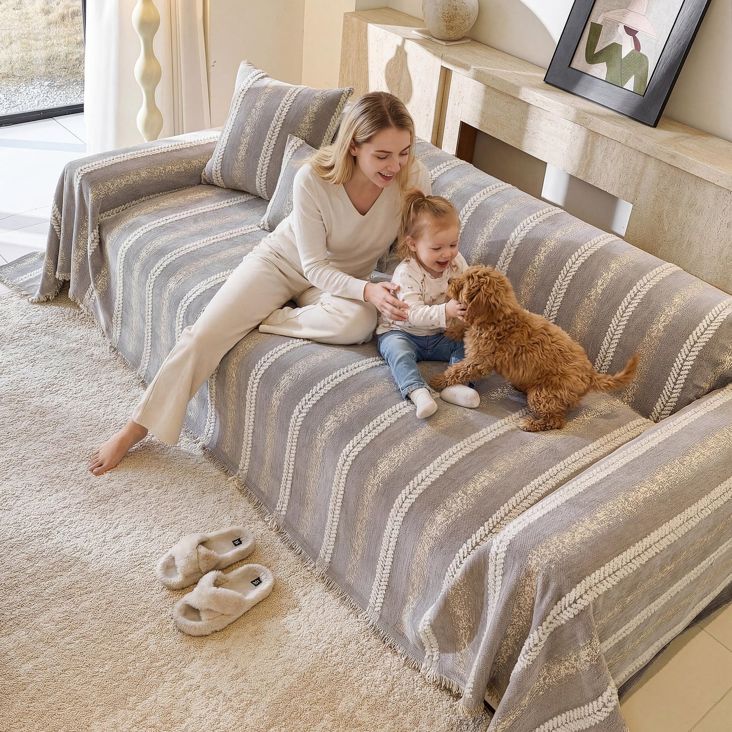 Fuyulacom Couch Cover for Dogs Washable Sofa Cover, Sectional Couch Covers, Sofa Covers for 2 Cushion Couch, Non Slip Stripe Sofa Slipcovers Furniture Protector (Light Grey, 71 * 118)