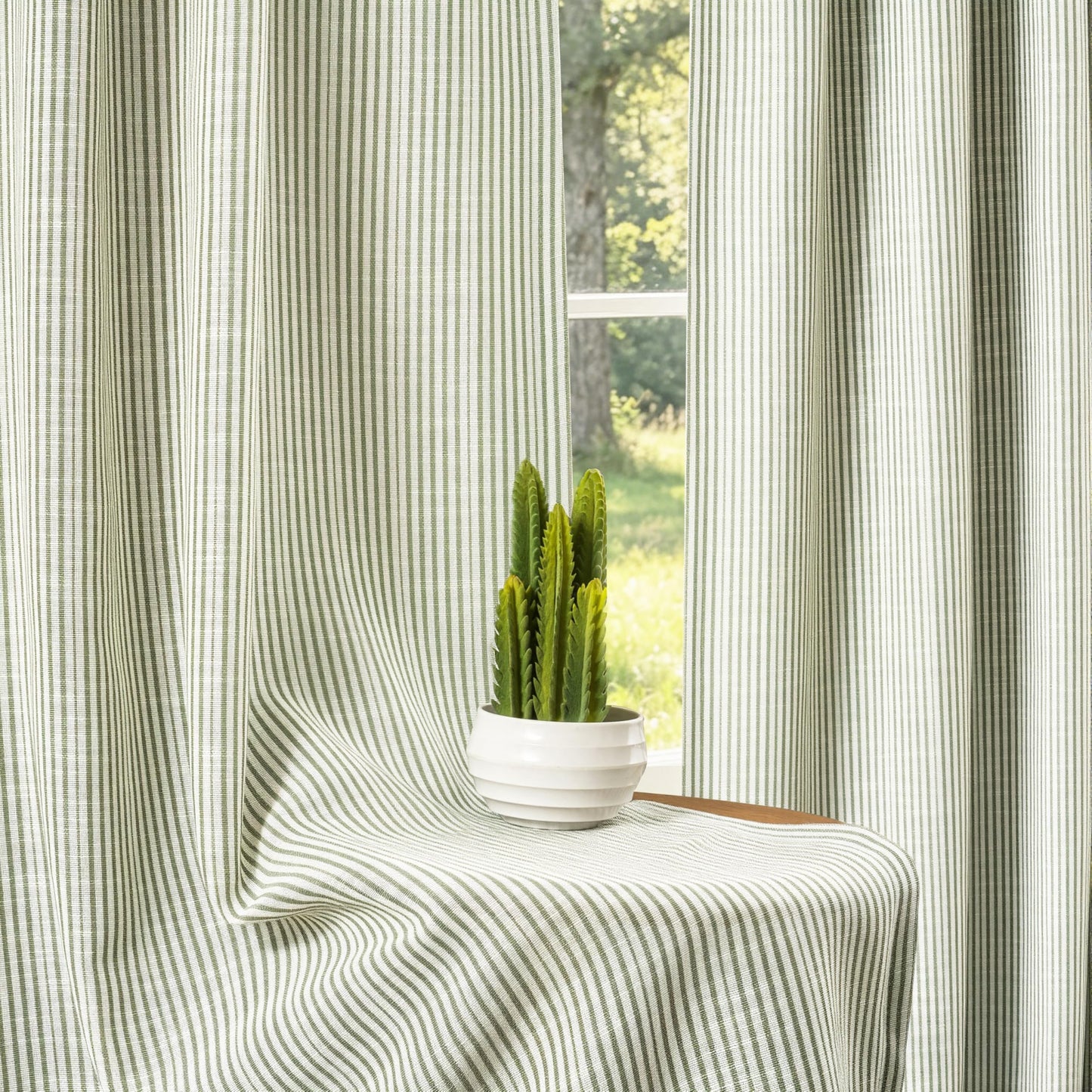 DriftAway 100% Blackout Linen Ticking Striped Curtains Double Layer Farmhouse Drapes 84 Inches Long for Living Room Bedroom Yarn Dyed Woven Thermal Insulated Rod Pocket Back Tab 2 Panels Loden Green