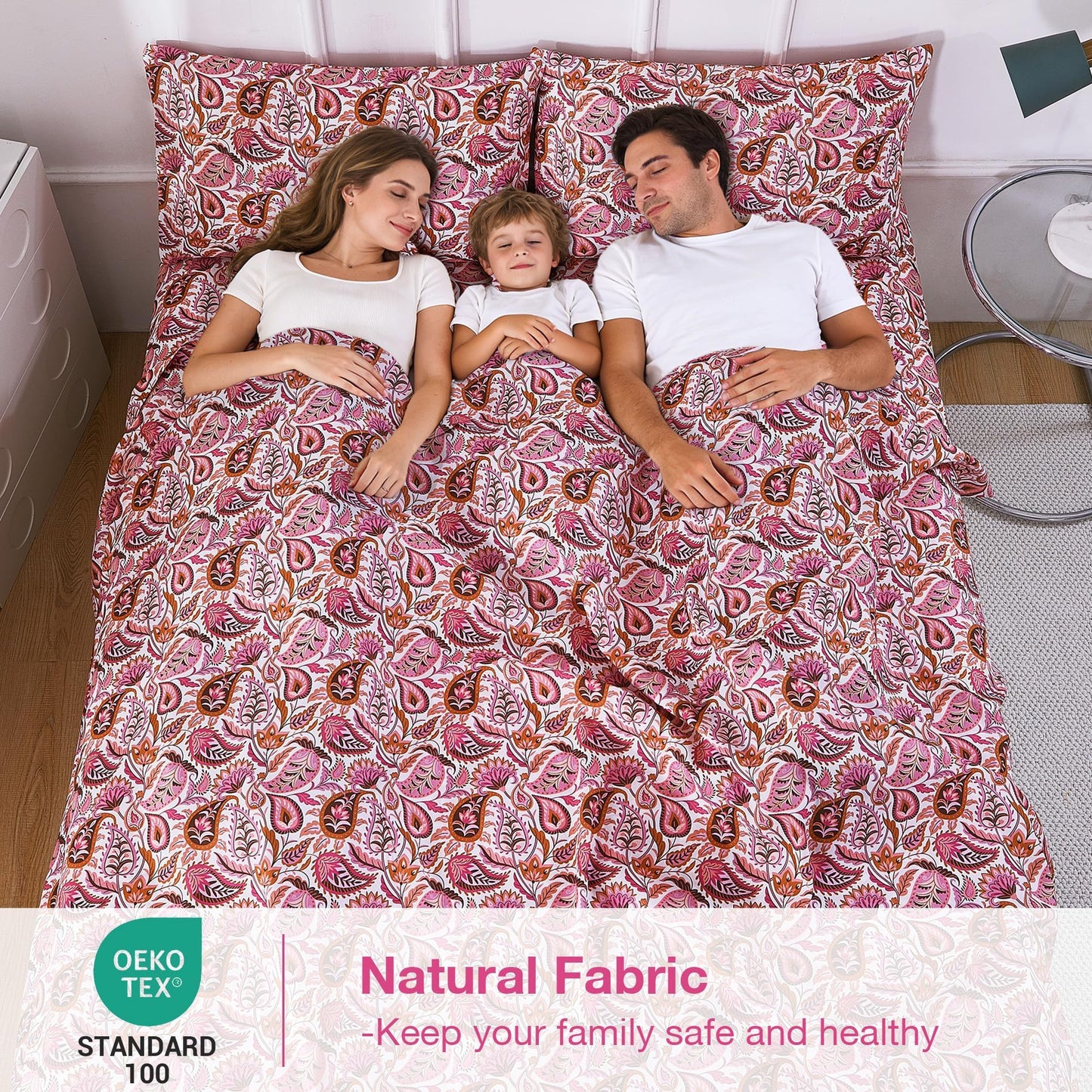 Softan Pink Paisley Floral Full Sheet Set, Cozy Boho Microfiber Printed Fitted Bed Sheet with 15" Deep Pockets & Non-Slip Straps, Girls Patterned Double Sheets & Pillowcase Set