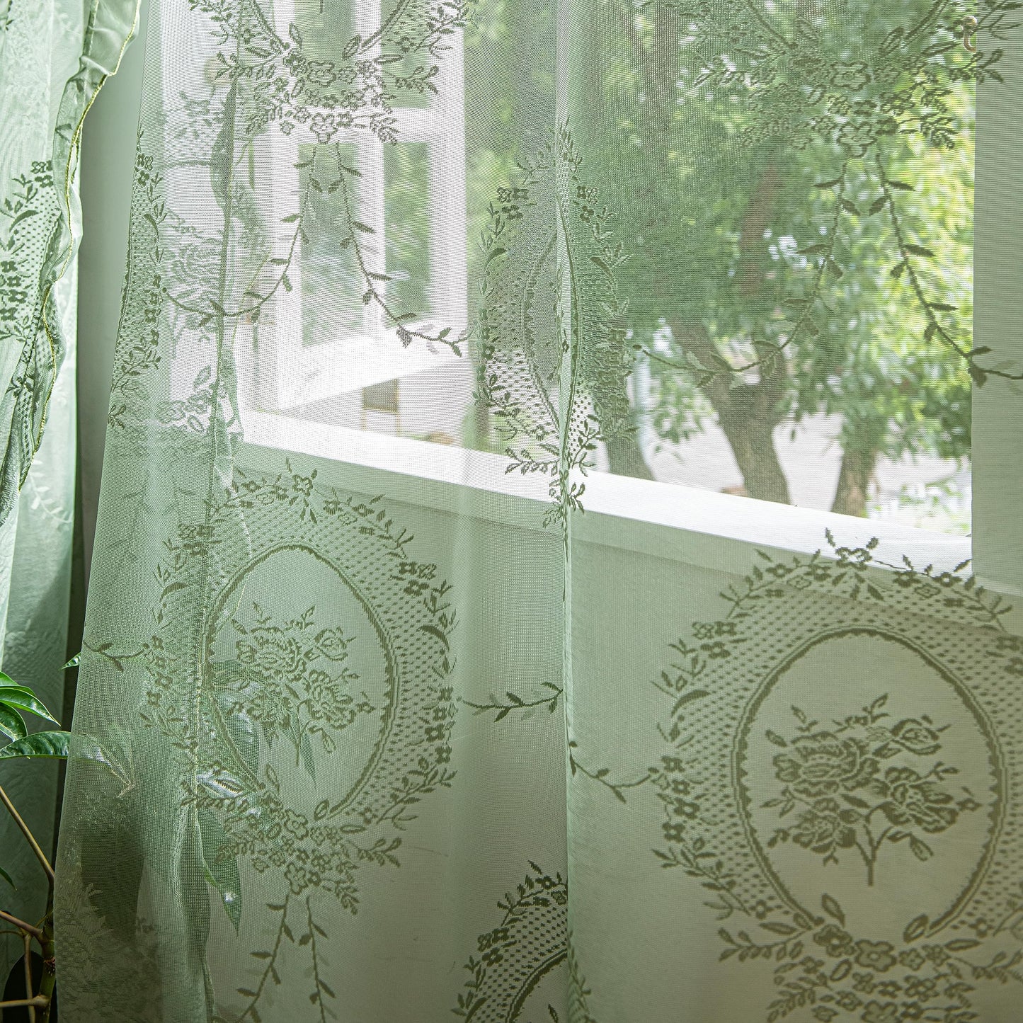 Lavyhuno Lace Curtains 84 Inches Long for Bedroom Living Room 2 Panels, Farmhouse Florals Embroidery Sheer Privacy Drapes for Christmas Decor Window Treatments Rod Pocket, W57 X L84 Olive Green
