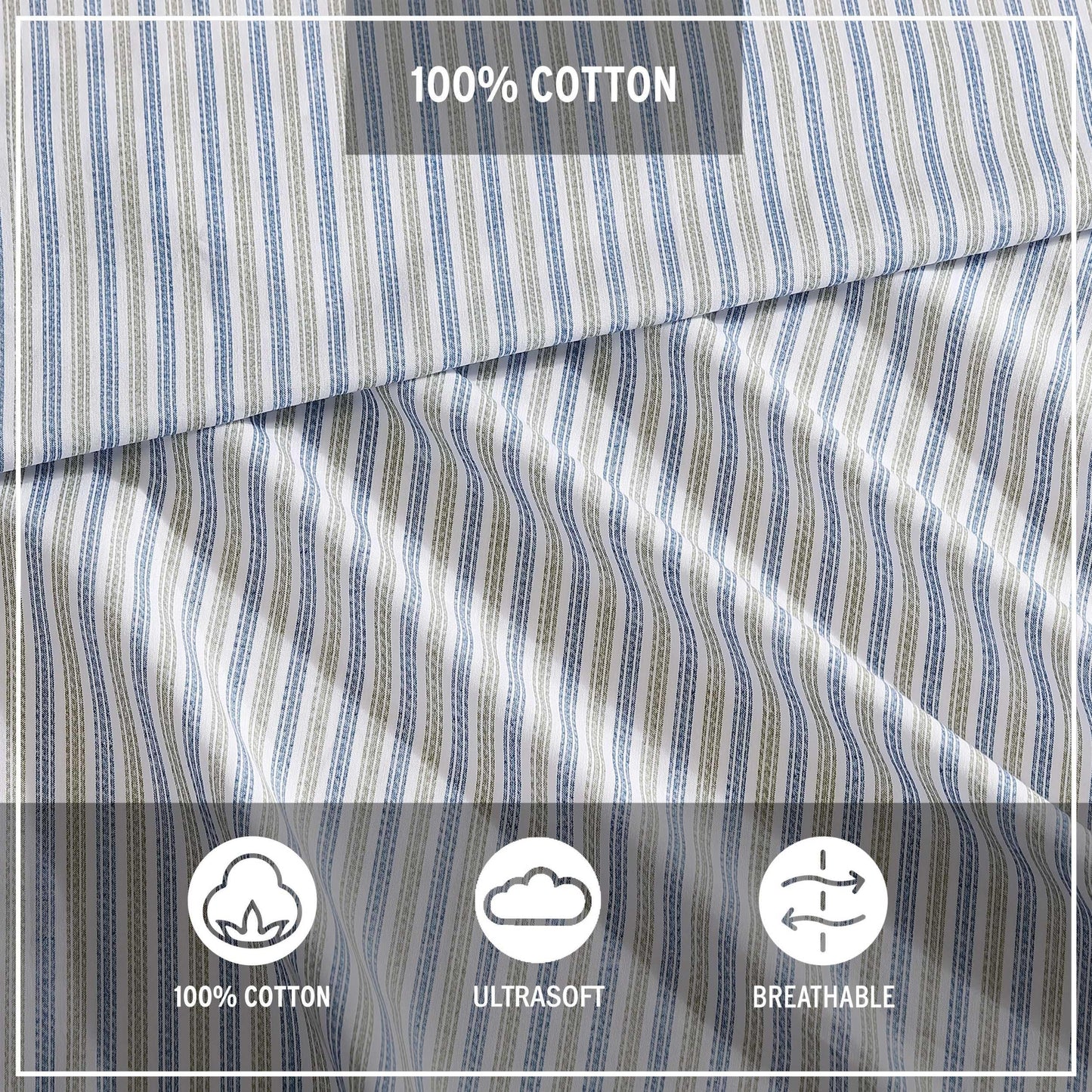 Eddie Bauer - Twin Sheet Set with Fitted Sheet & Pillowcase, 100% Cotton Percale Bedding, Crisp & Cool, Dorm Room Essentials, Ticking Stripe Navy/Green