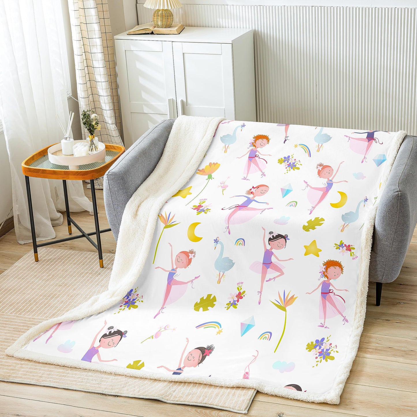 Girls Pink Ballerina Print Fleece Throw Blanket - Soft Fuzzy Plush for Bed, Couch, Toddler - Cute Floral Tropical Palm Leaf Sherpa - Ballet Dancer Room Decor - 50"x60"