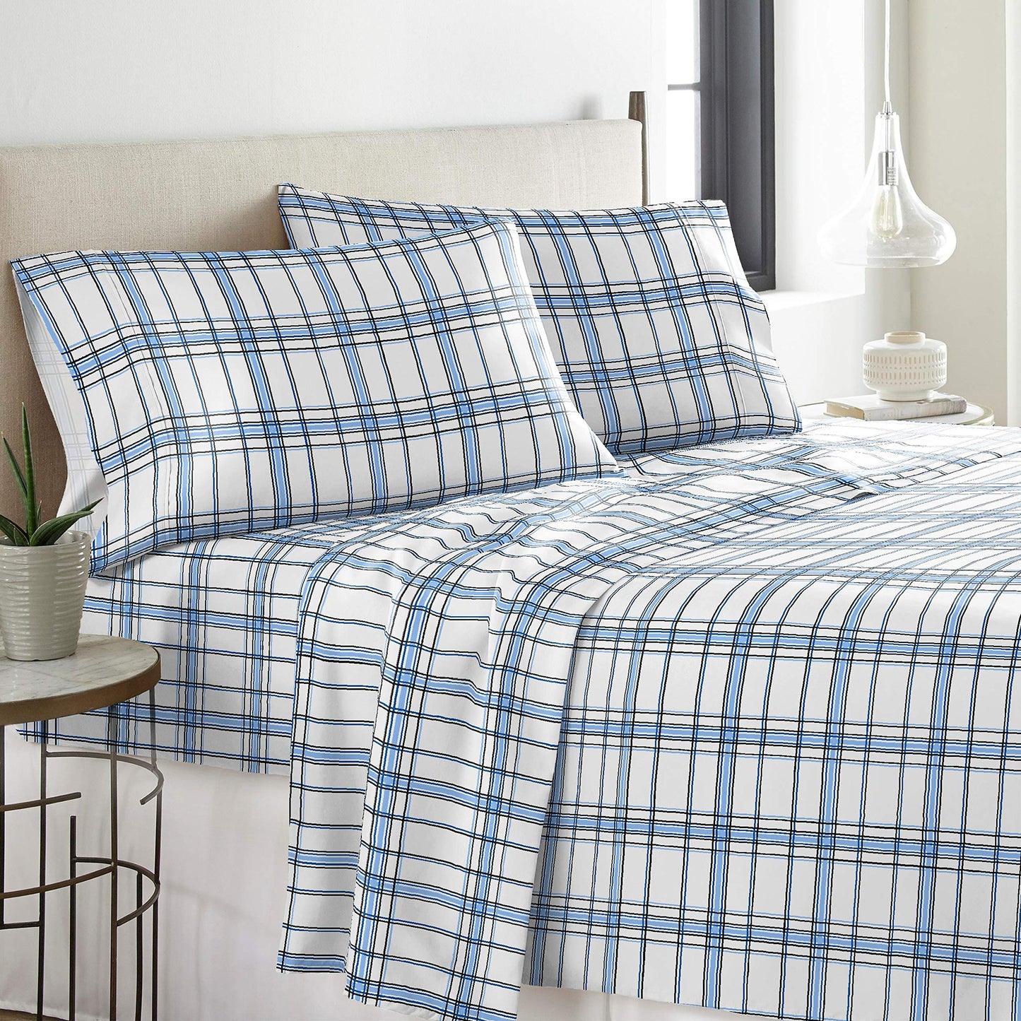 Pointehaven Heavy Weight Flannel Sheet Set, Queen, Plaid Blue - Warm & Cozy - 100% Cotton Flannel Pre-Shrunk -170 GSM -Deep Pockets -Easy Fit Elastic All Around-Comfy Double Brushed