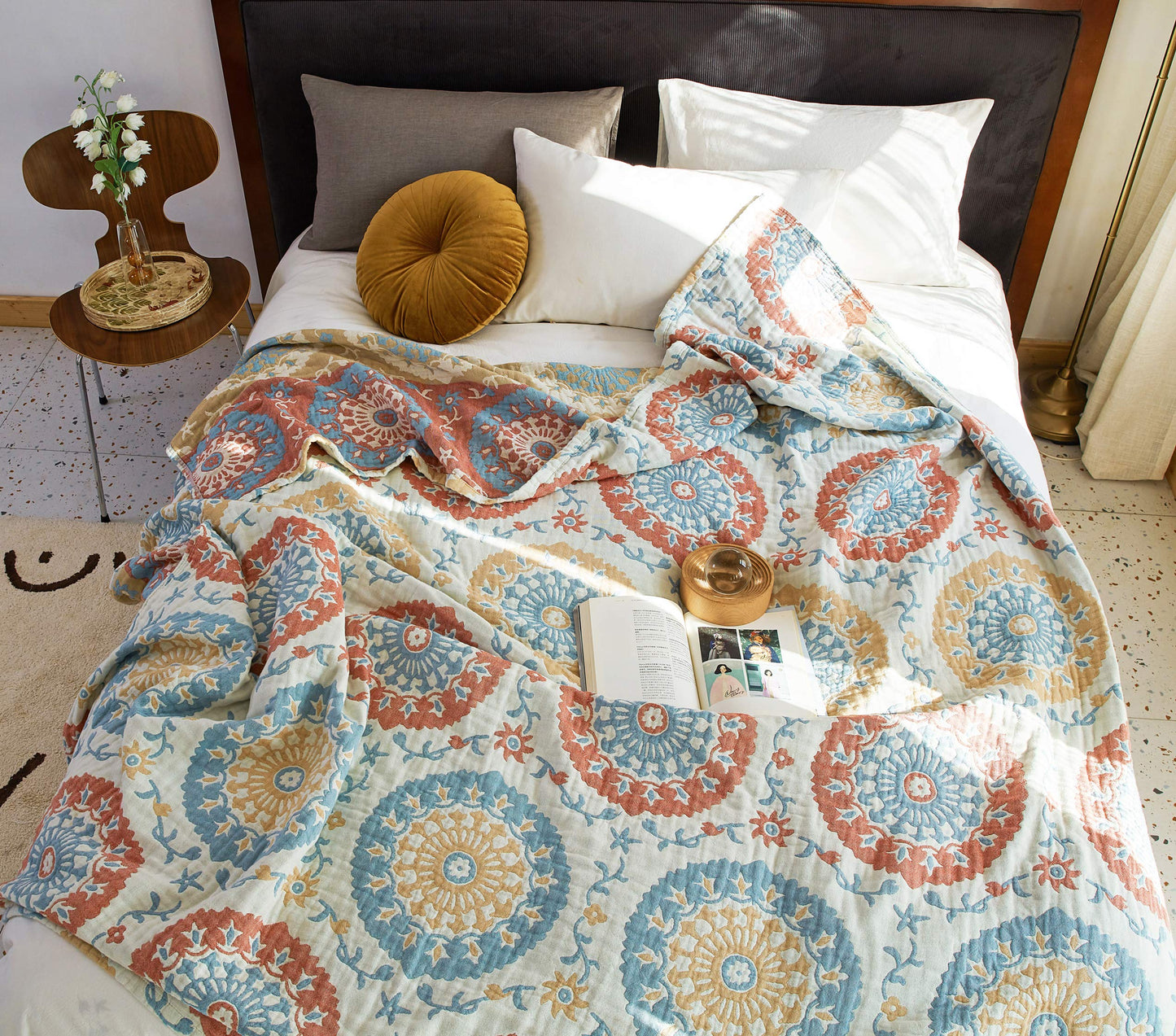 Scientific Sleep Boho Round Retro Farmhouse 100% Cotton Muslin Blanket Throw Cover for Bed Couch Sofa Cozy Soft Reversible Bedding Blanket Bedspread Coverlet Full Queen 80 in x 90 in