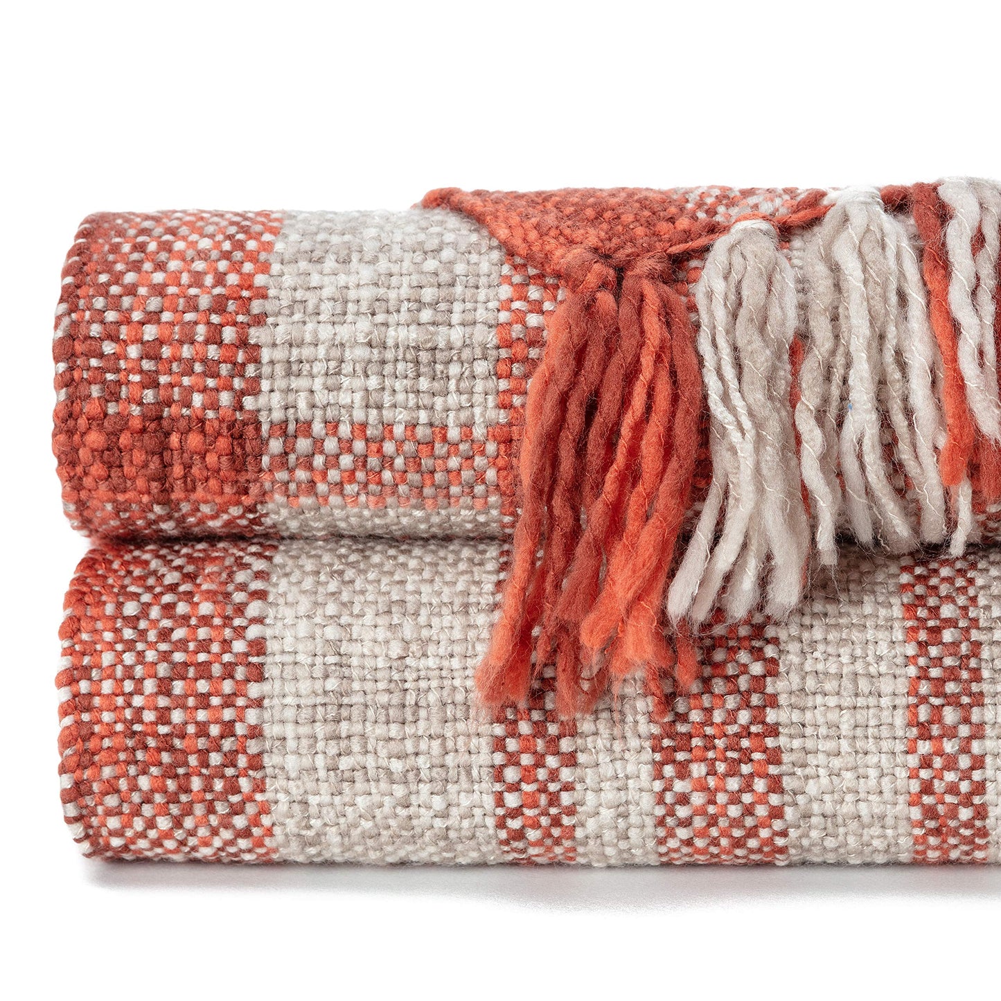 Chanasya Premium Farmhouse Pattern Plaid Throw Blanket Lightweight Knit Textured Woven Decorative Blanket for Couch Bed Living Room Blankets with Tassels Throw Blanket (50x65 Inches) Rust