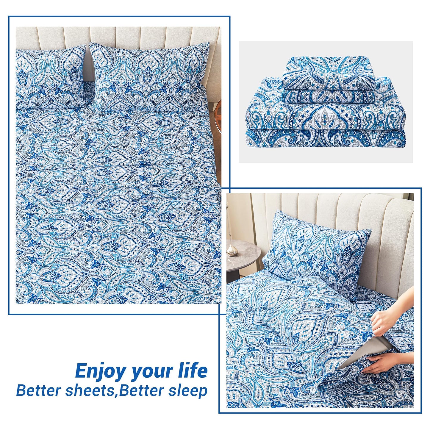 Softan Blue Paisley Printed Queen Size Sheet Set, Blue Floral Sheets Queen, Cozy Microfiber Fitted Sheet with 15" Deep Pocket & Non-Slip Straps, Flower Patterned Sheets & Pillowcase Sets