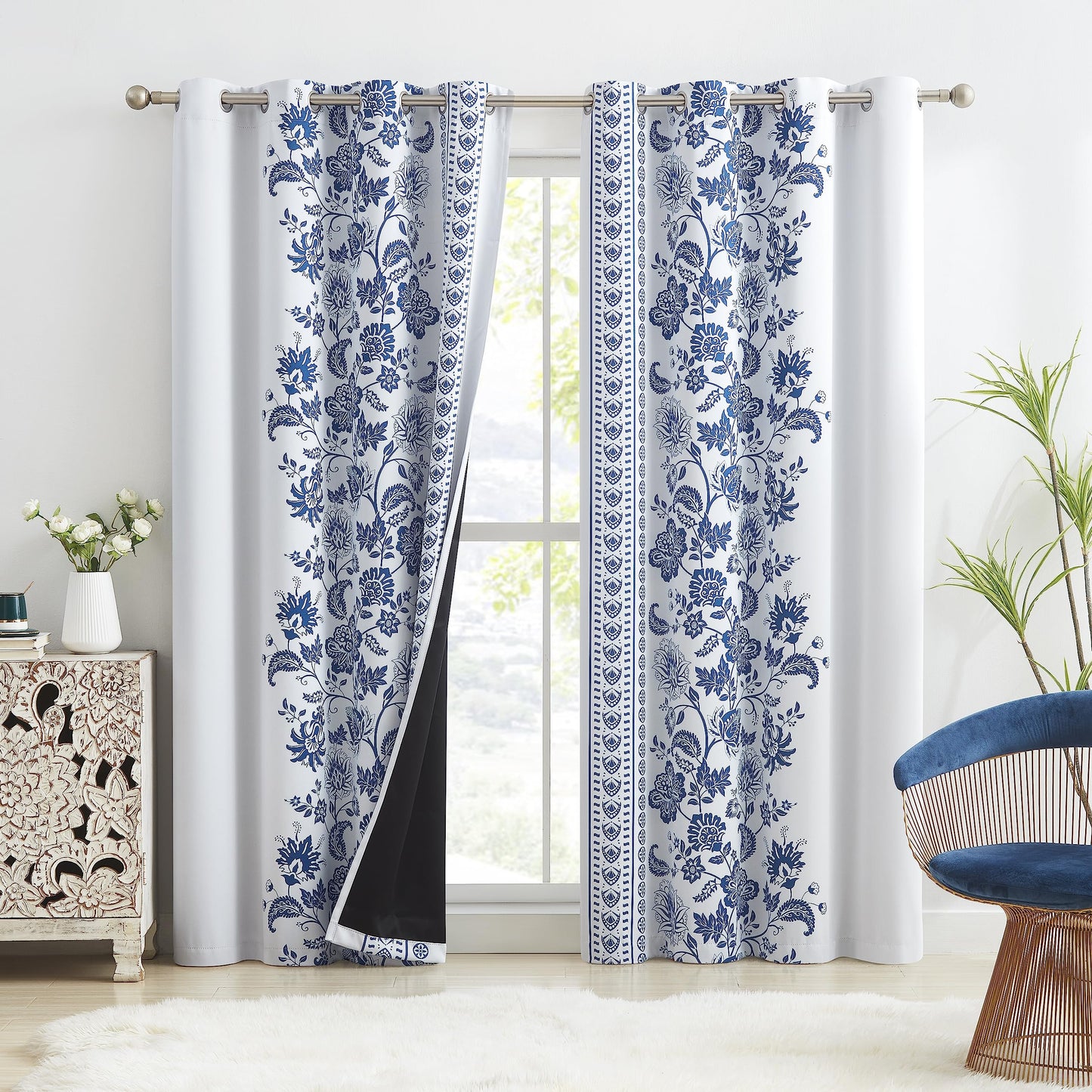Jubilantex Botanical Blackout Window Curtain 95" Long Noise Reducing Thermal Insulated Window Treatments for Bedroom Grommet 52" W,Navy/Greyish White