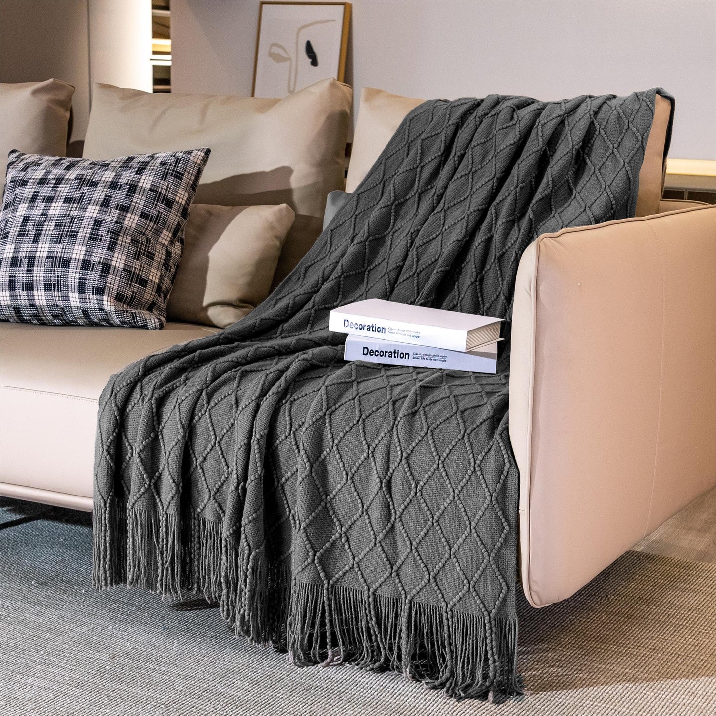 Tititex Decorative Soft Throw Blanket,Dark Grey Boho Textured Blanket with Fringe Tassel, Knitted Cozy Lightweight Blanket for Couch,Bed,Chair,Sofa,Living Room,Home Decor 50x60 Inch