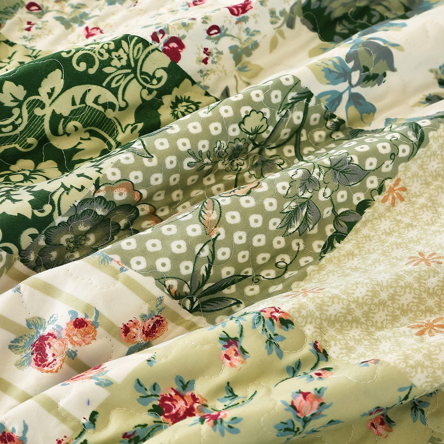 Cmfshape Summer Floral Queen Quilted Bedspread,Romantic Green Quilt Set,Reversible Stitched Bedding Cover All Season,Soft Lightweight Coverlet with Pillow Cases (Green&White, Queen90 x90)