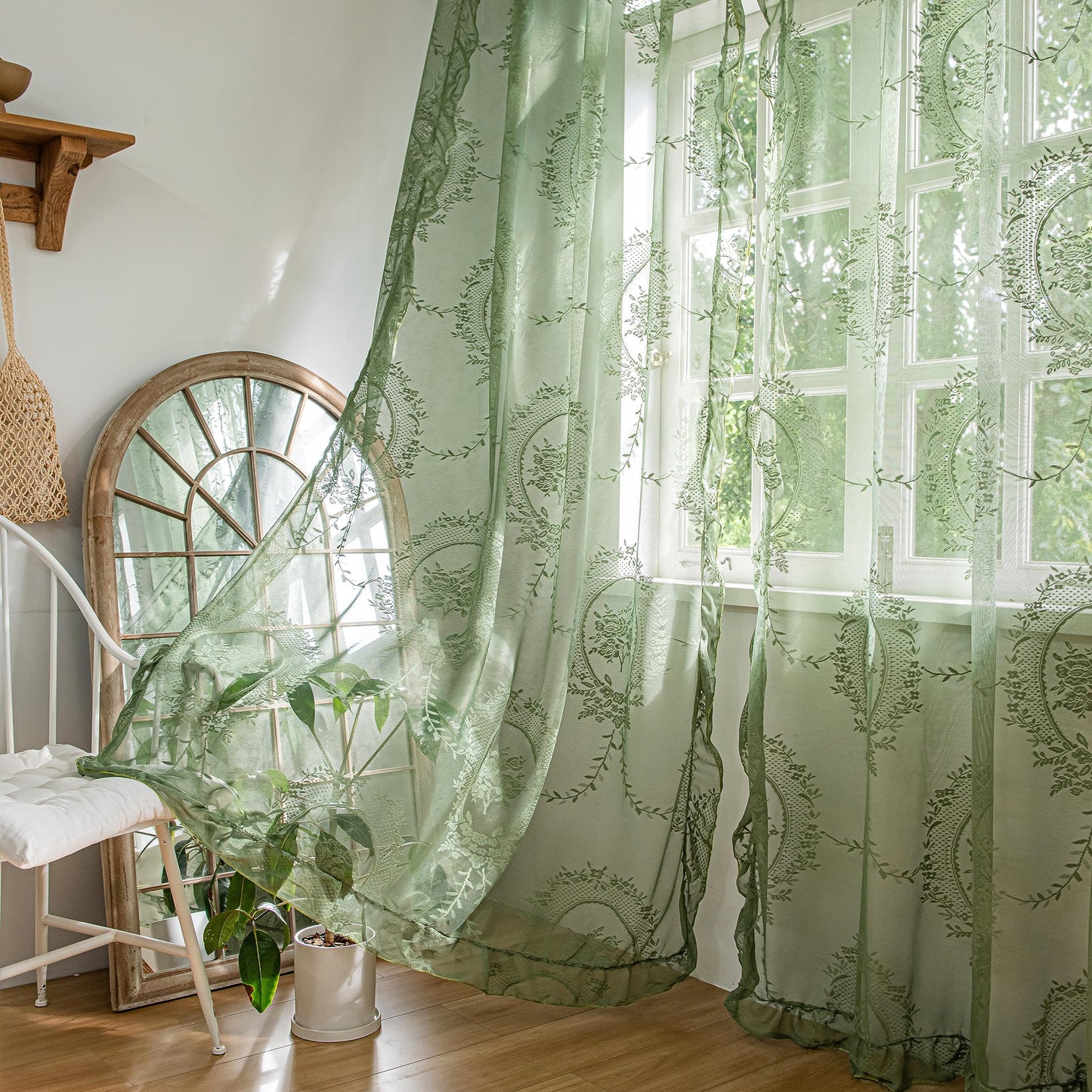 Lavyhuno Lace Curtains 84 Inches Long for Bedroom Living Room 2 Panels, Farmhouse Florals Embroidery Sheer Privacy Drapes for Christmas Decor Window Treatments Rod Pocket, W57 X L84 Olive Green