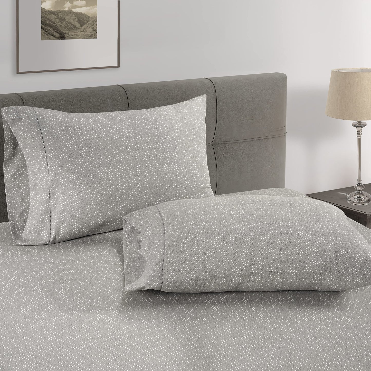 LANE LINEN 100% Organic Cotton Pillow Cases - King Size and Crisp Cool Percale Covers Sleeping Set of 2 Grey (White Dot)