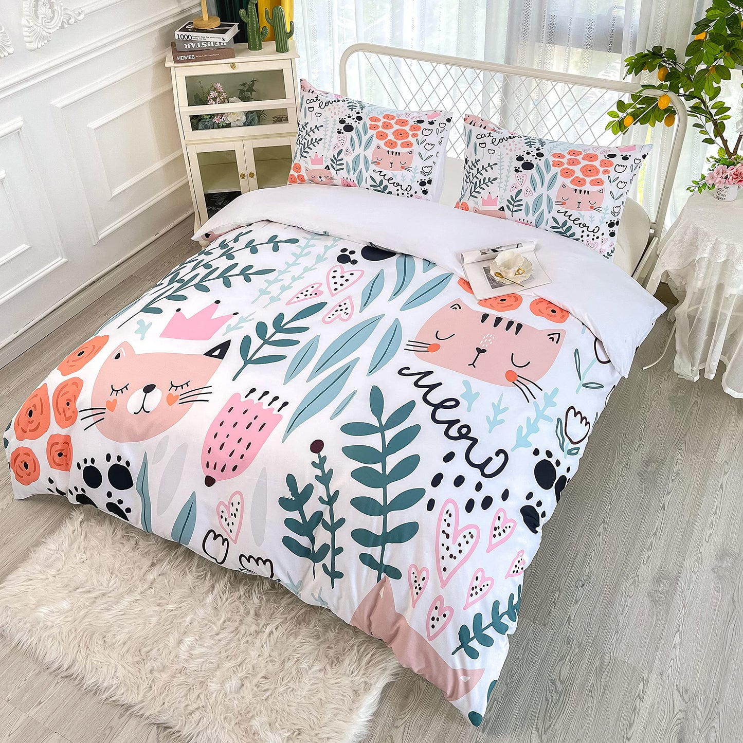 CVHOUSE Cat Duvet Cover Set,Kitten Bedding Set for Kids,Cartoon Animal Comforter Cover Set,Queen Size,1 Quilt Cover 2 Pillowcases 3 Piece