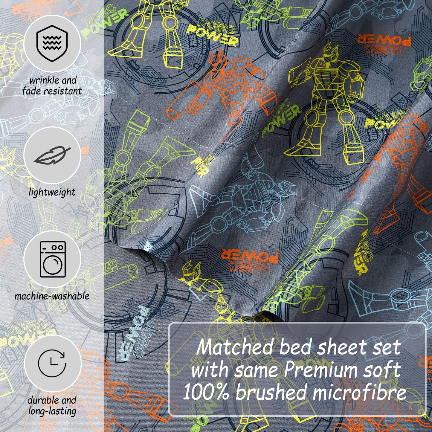 Softan Kids Bed Sheet Set, 3-Piece Twin Sheets Set, Microfiber Fitted Sheet with 15 Inches Deep Pocket and Corner Straps, Breathable & Silky Soft Linear Robot Printed Sheet and Pillowcase Sets