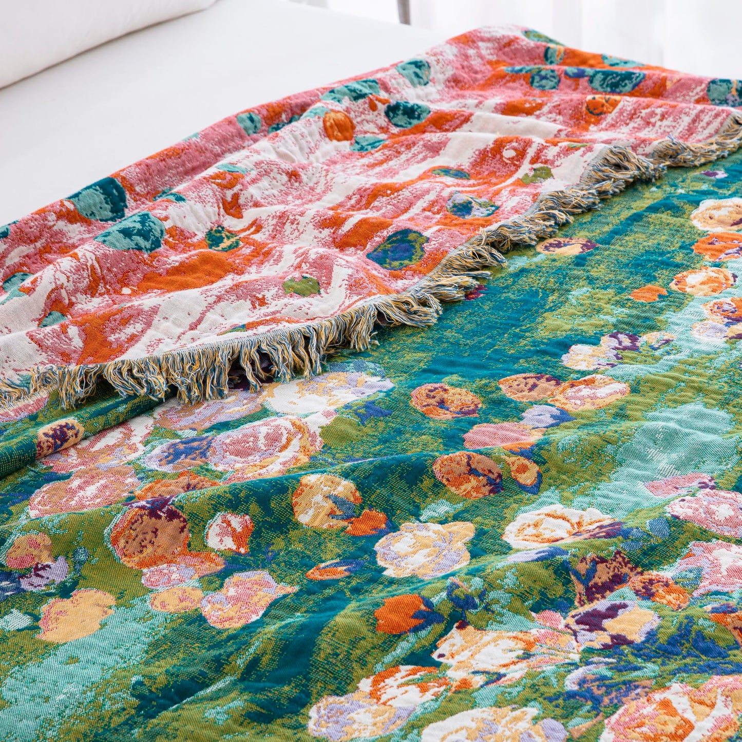 BRYALIX 100% Cotton Muslin Floral Blanket, Super Soft Throw Green for Couch, Bed Chair Quilt Travel Blankets, Reversible Jacquard Fall Coverlet, Lightweight Boho Farmhouse Picnic Blanket, 60"x80"