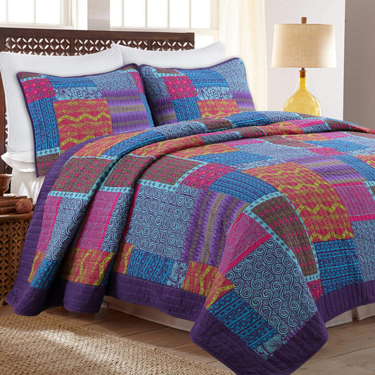 Cozy Line Home Fashions 100% Cotton Artsy Bohemian Purple Blueberry Fuchsia Patchwork Reversible Quilt Bedding Set, Coverlet Bedspread for All Seasons (Boho Chic, King - 3 Piece)