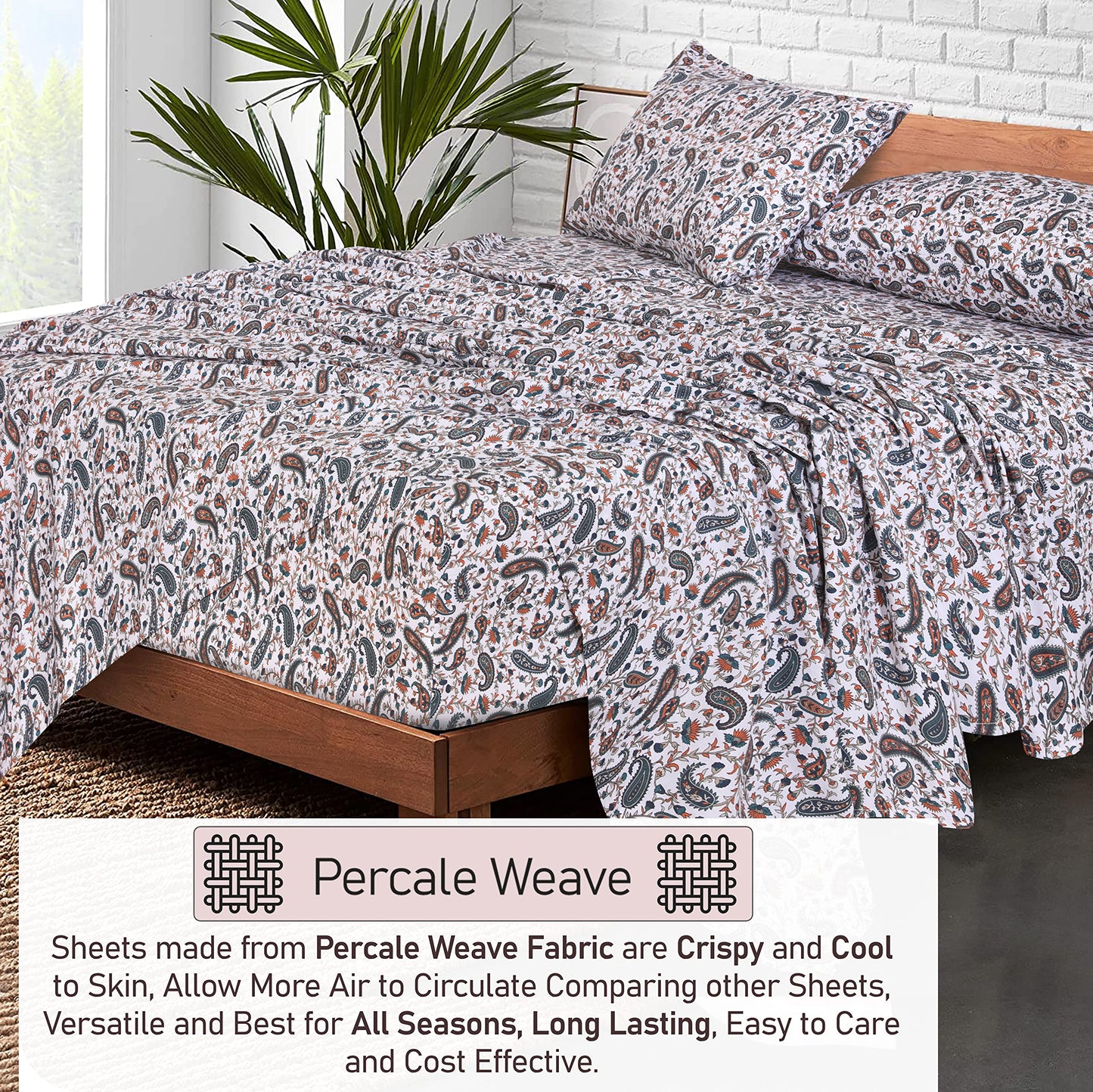 RUVANTI 100% Cotton Percale Sheets, Full Size, Teal Paisley