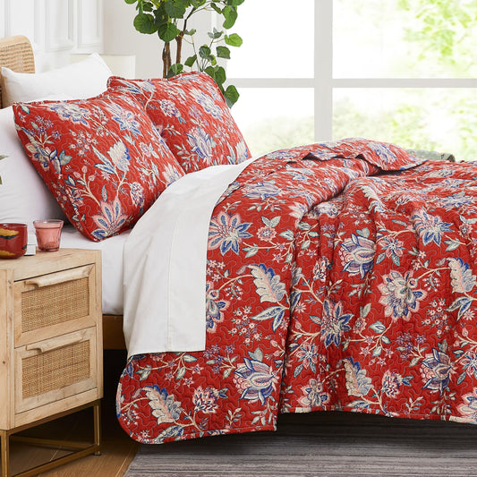 Southshore Fine Living, Inc. Oversized King Quilt Bedding Set, Jacobean Willow Floral Quilt Set with 2 Matching Pillow Shams, Lightweight California King Bed Spread, Soft Microfiber Fabric, Red