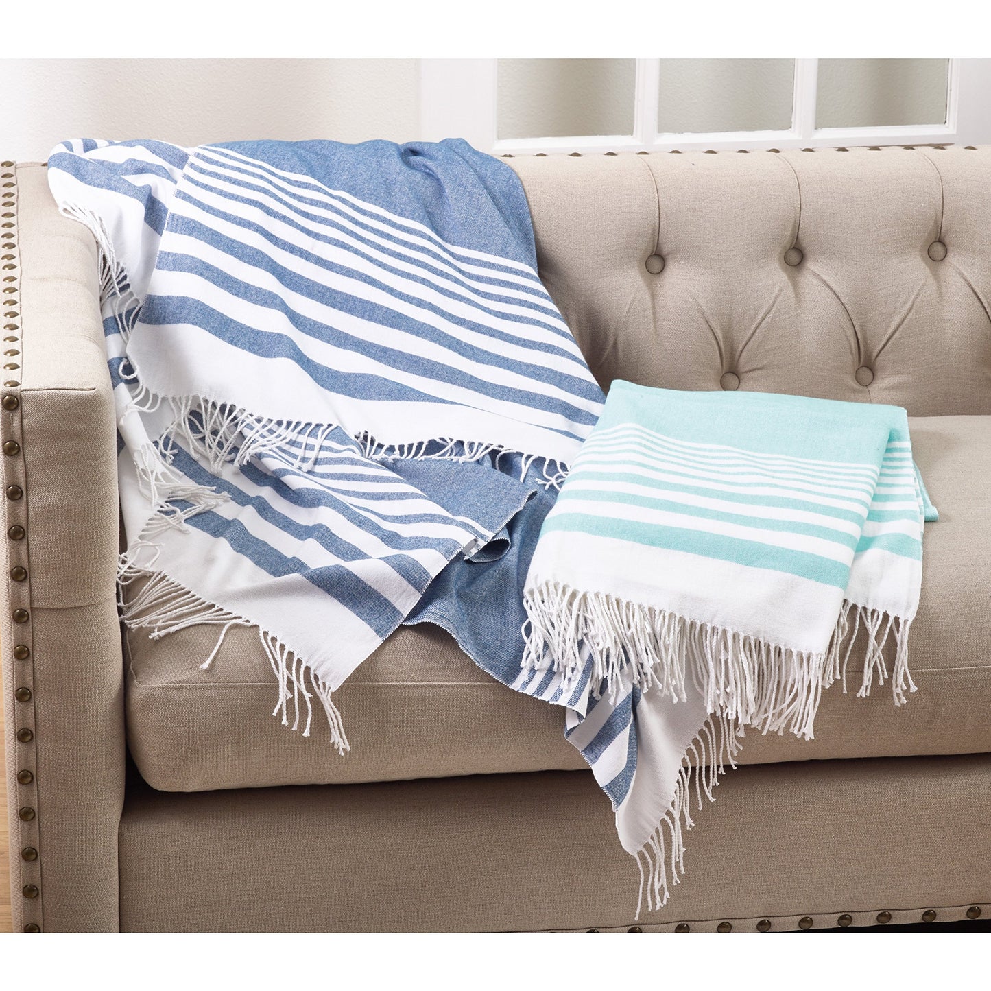 SARO LIFESTYLE Stripe Pattern Fringe Hem Lightweight Throw Blanket