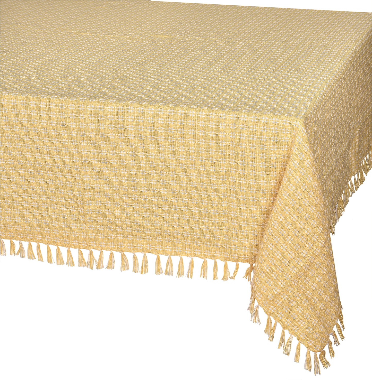The Season Thread Table Cloth, Yellow/White Woven Fringed, 100% Cotton Table Cover, Size 52x52 Inch, Suitable for Formal Dining, Everyday Meals and Casual Occasions.