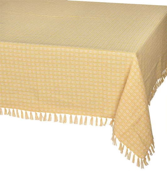 The Season Thread Table Cloth, Yellow/White Woven Fringed, 100% Cotton Table Cover, Size 52x52 Inch, Suitable for Formal Dining, Everyday Meals and Casual Occasions.