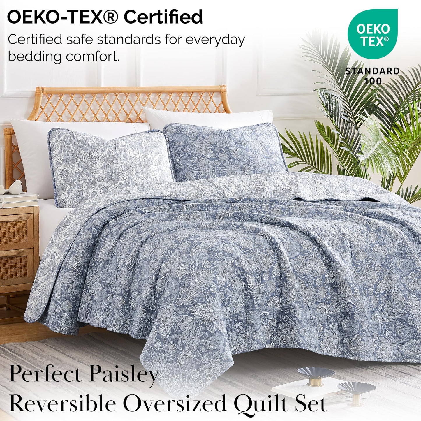 Southshore Fine Living, Inc. Extra Large King Size Quilts, Paisley Quilt, Blue and White Bedspread, 3-Piece Bohemian Bedding Set with Two Matching Shams, California/King, Reversible Blue