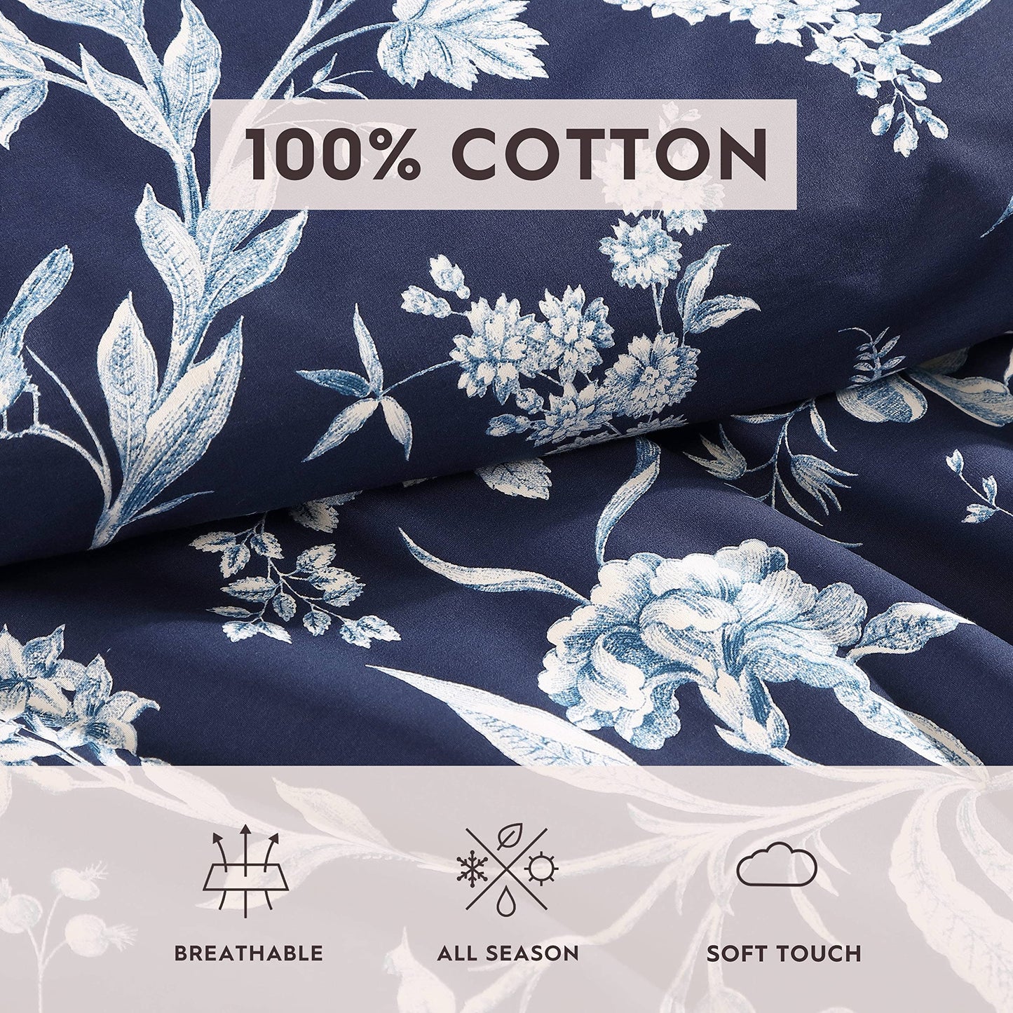 Laura Ashley – Queen Comforter Set, Reversible Floral Bedding with Matching Shams & Bonus Decorative Pillow Covers, Medium Weight, 7-Piece, College Dorm Room Essentials (Branch Toile Blue)