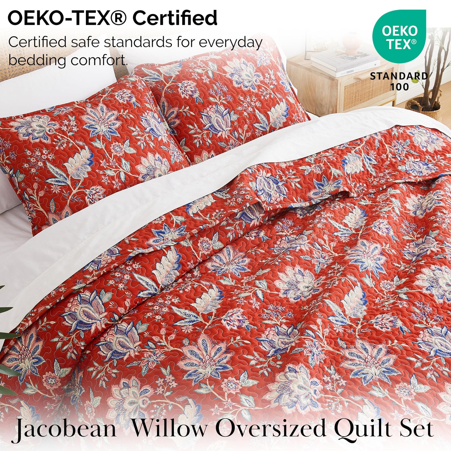 Southshore Fine Living, Inc. Oversized King Quilt Bedding Set, Jacobean Willow Floral Quilt Set with 2 Matching Pillow Shams, Lightweight California King Bed Spread, Soft Microfiber Fabric, Red