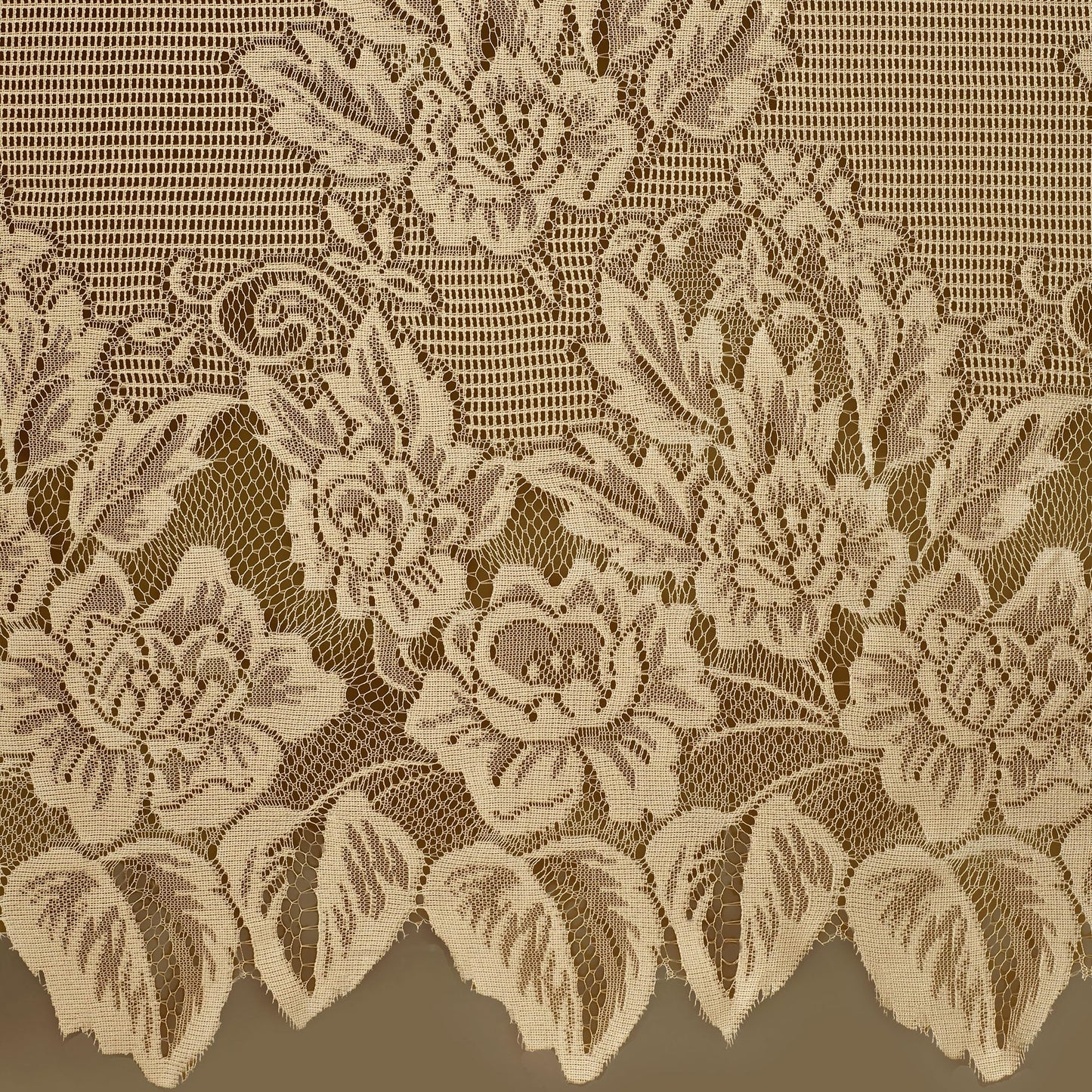 Hallie Lace Window Treatment | Vintage Antique Gold | Cottage Garden Magnolia Flower Lacy Designs with Scalloped Edges | Rod Pocket Drapery | Easy-Style 63L All-In-One Panel with Attached 24L Valance