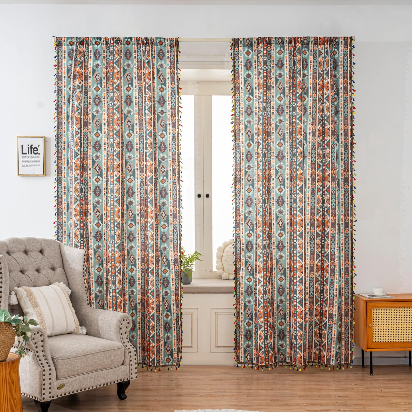 Erbnaryx Teal Orange Geometric Curtains 84 Inches Long, Boho Farmhouse Light Filtering Rod Pocket Drapes with Tassel Trim for Bedroom Living Room, 2 Panels