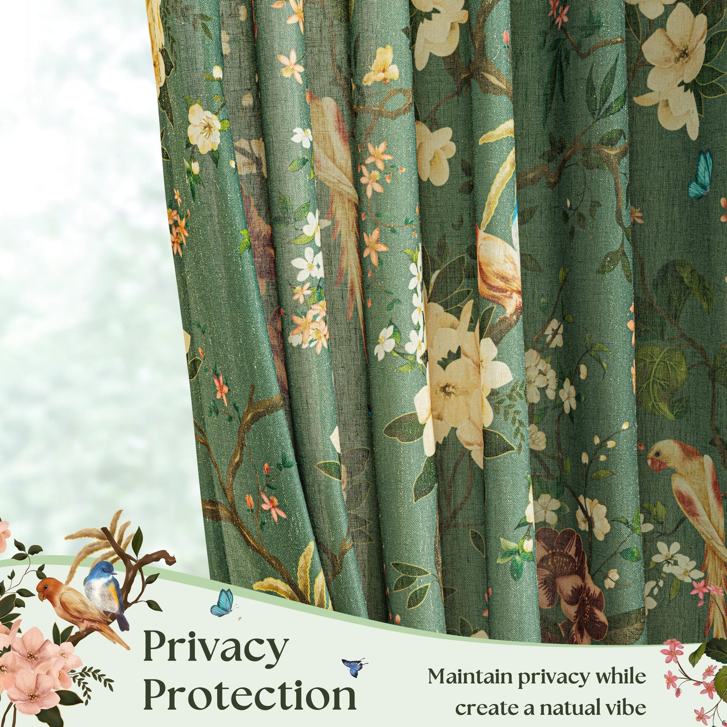 Olive Green Floral Linen Curtains for Living Room 84 Inches Long 2 Panels