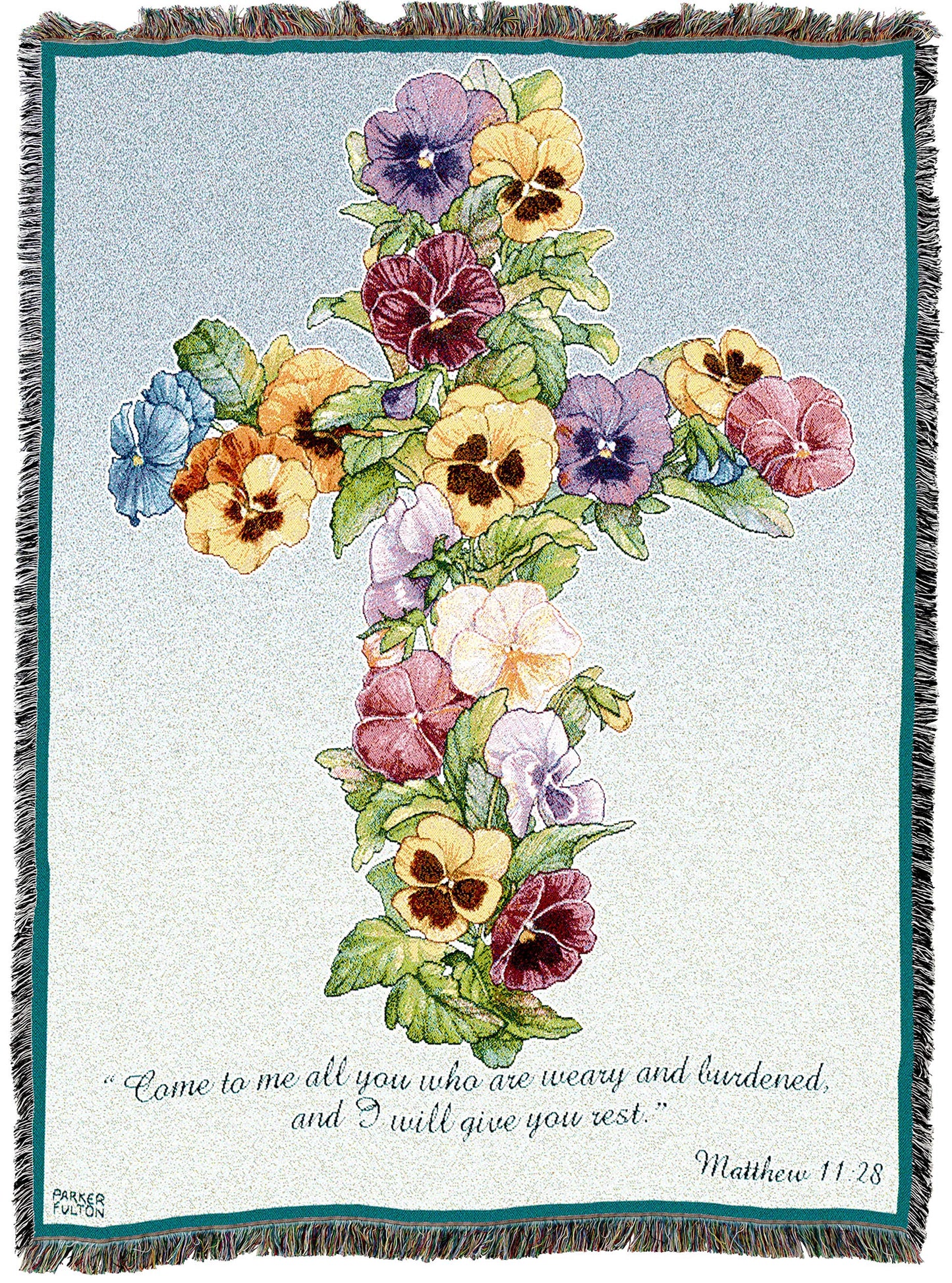 Pansy Cross Blanket by Parker Fulton - Come To Me All You Who Are Weary - Scriptures Matthew 11:28 - Sympathy Bereavement Gift Tapestry Throw Woven from Cotton - Made in the USA (72x54)