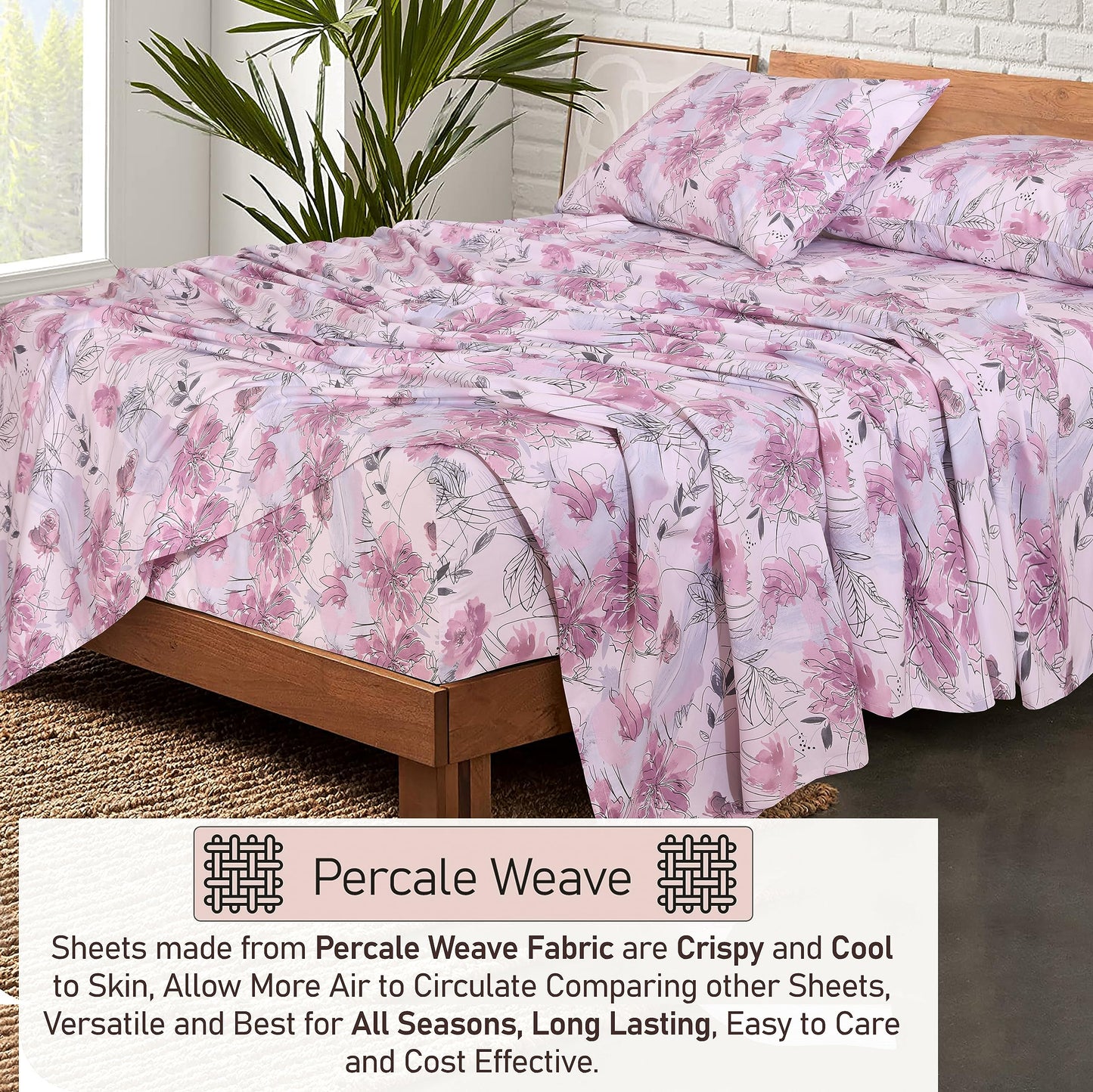 RUVANTI 100% Cotton Percale Sheets King Size – Crisp Cooling Bed Sheets for Hot Sleepers, Deep Pocket 16”, Soft Breathable & Durable Hotel-Style 4 Piece Set, Lilac Floral