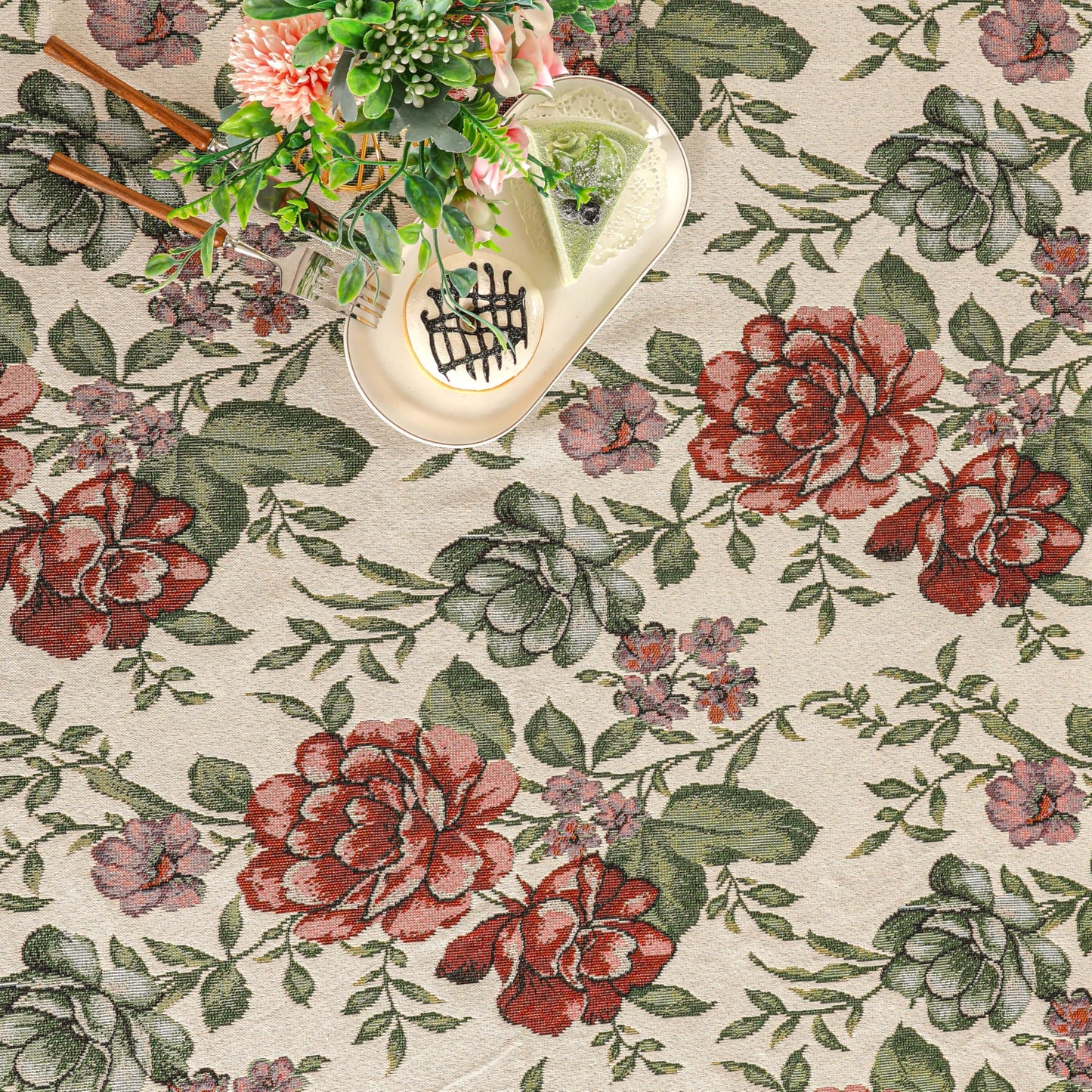 Dimatic Cotton and Linen Rectangular Tablecloth with Red Rose Pattern, Suitable for Kitchen Dining Table, Home Table Cloth and Holiday Decoration, 55 x 86 Inches