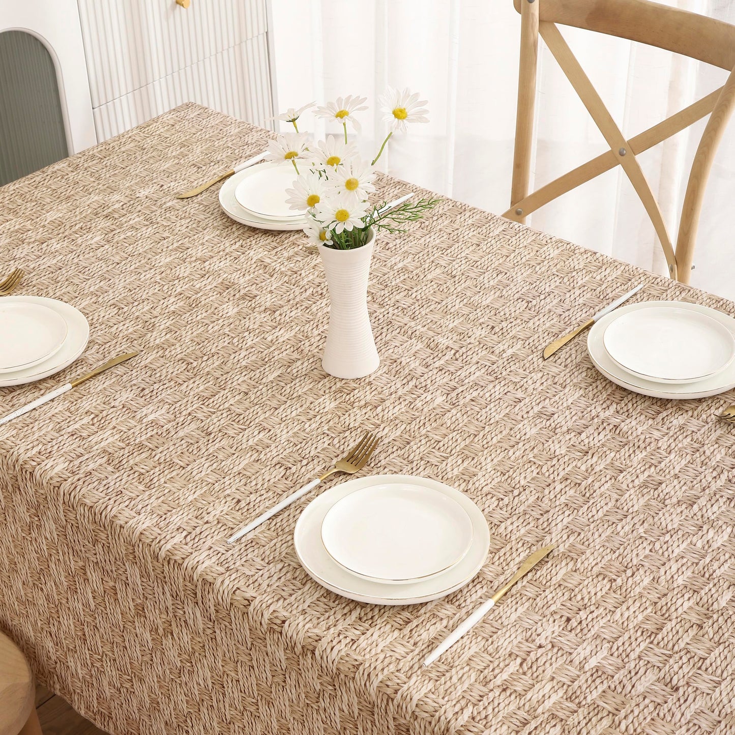 Walrus Heavy Duty Vinyl Tablecloth with Flannel Backing Waterproof Oil-Proof Plastic Table Cloth Stain-Resistant Wipeable Rectangle or Square Table Cover for Indoor and Outdoor (Weave, 54X54 Inch)