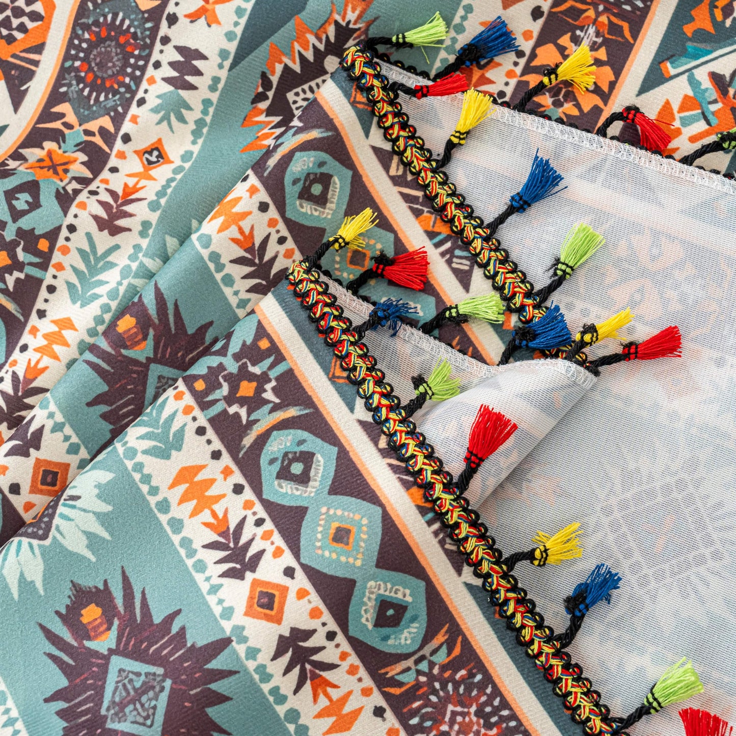 Erbnaryx Teal Orange Geometric Curtains 84 Inches Long, Boho Farmhouse Light Filtering Rod Pocket Drapes with Tassel Trim for Bedroom Living Room, 2 Panels