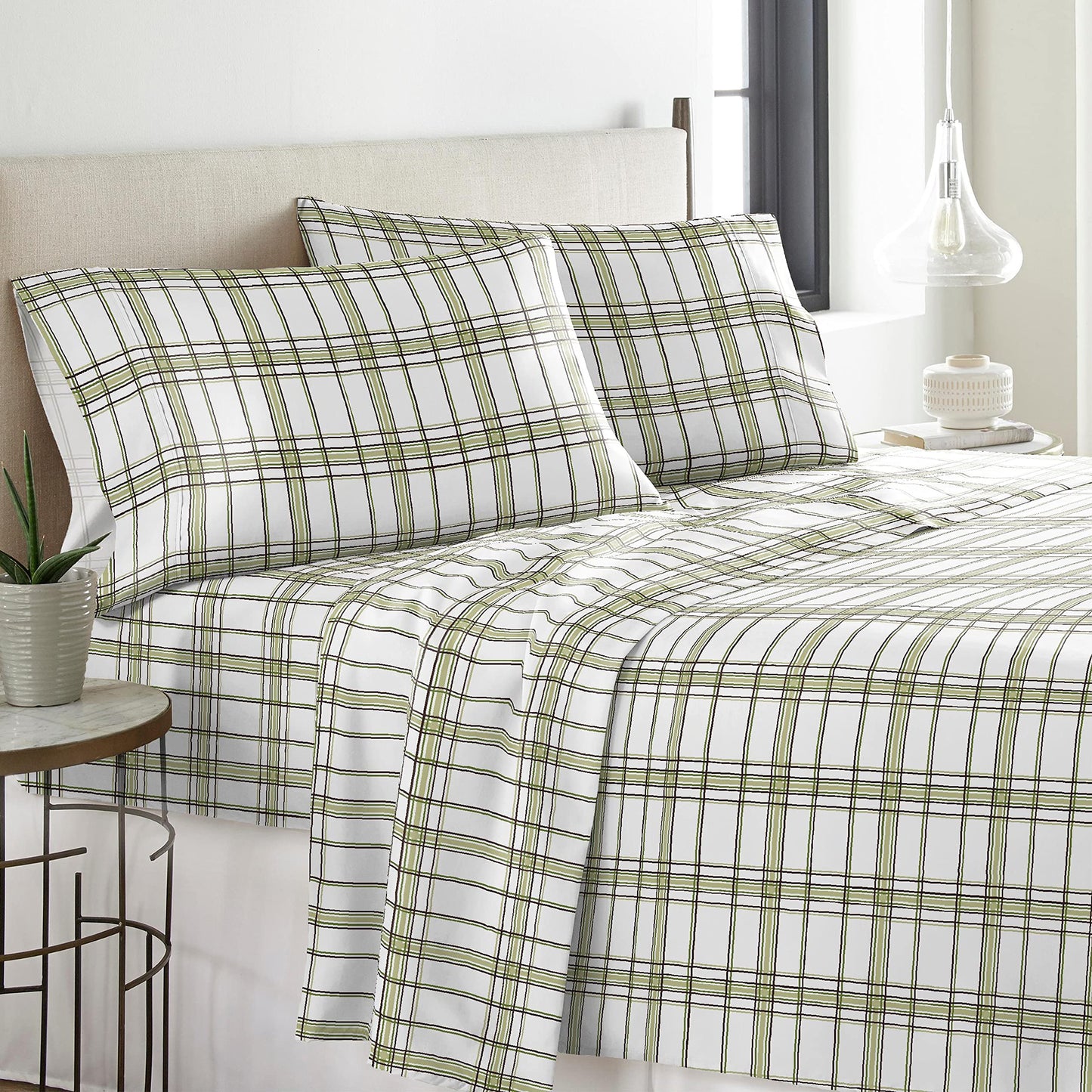 Pointehaven Heavy Weight Flannel Sheet Set, Twin, Plaid Sage - Warm & Cozy - 100% Cotton Flannel Pre-Shrunk -170 GSM -Deep Pockets -Easy Fit Elastic All Around-Comfy Double Brushed