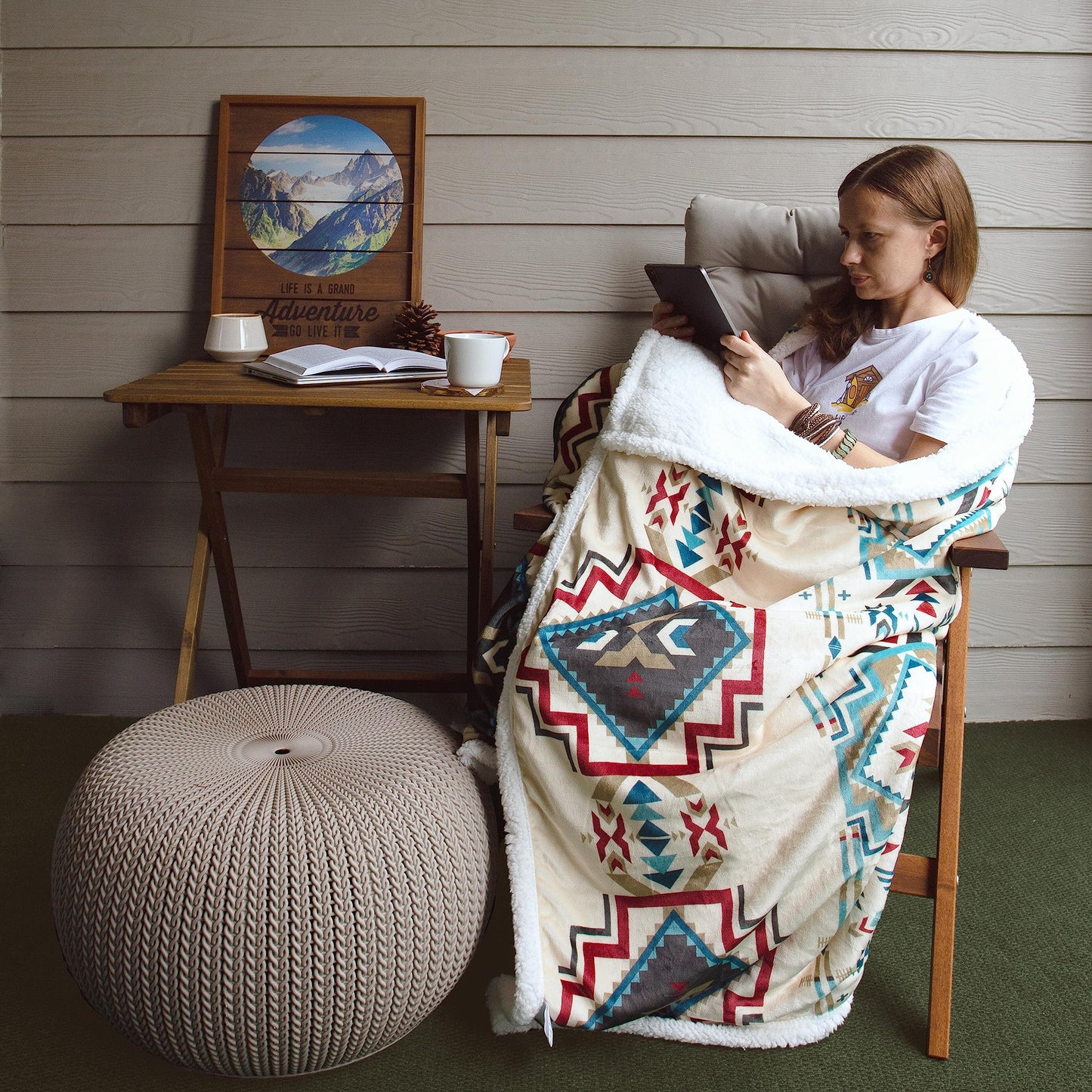 Paseo Road Indigo Hill by HiEnd Accents Spirit Valley Aztec 3 Piece Sherpa Throw Blanket Set, Tribal Navajo Print Fleece Throw Set, Western Southwestern Style, 1 Throw and 2 Throw Pillows