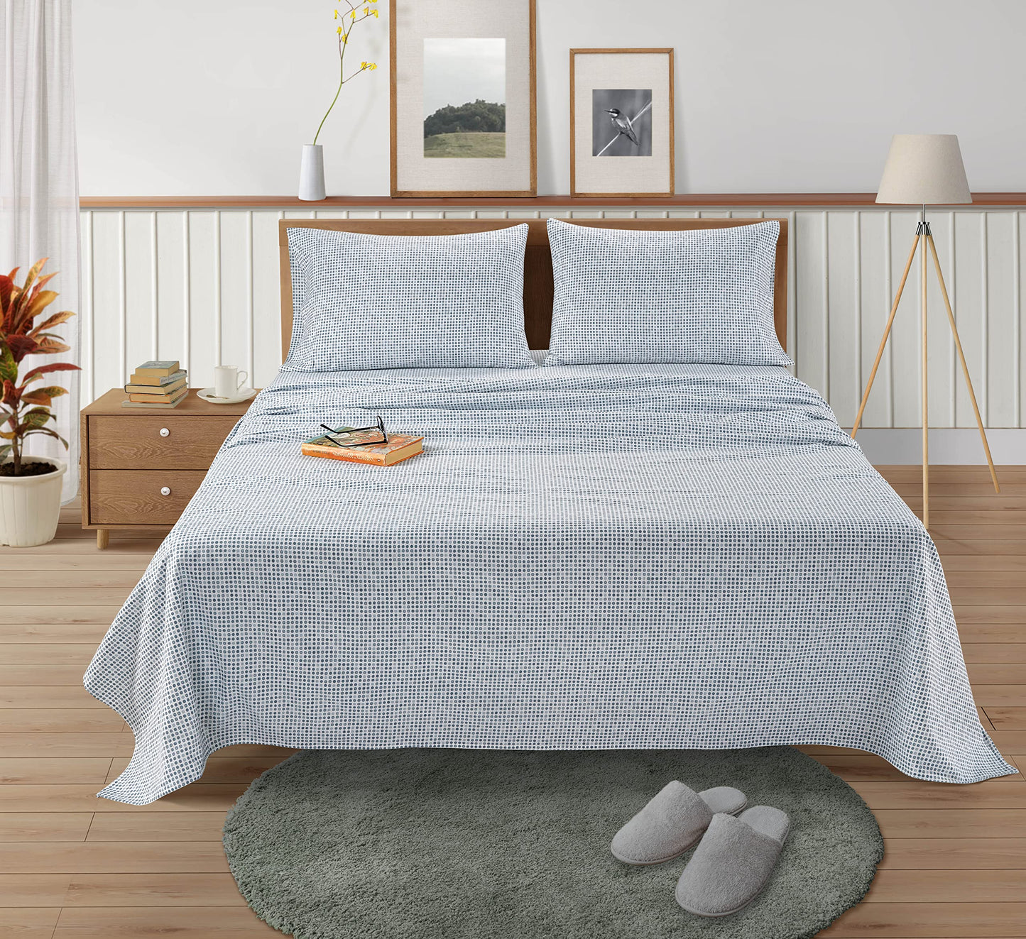 LANE LINEN 100% Cotton Queen Flannel Sheets - Brushed for Extra Softness - Queen Size 100% Cotton Sheets Queen Size Bed Set - Warm & Cozy Flannel Winter Bed Sheets, 15" Deep Pocket - Polka Dot Blue