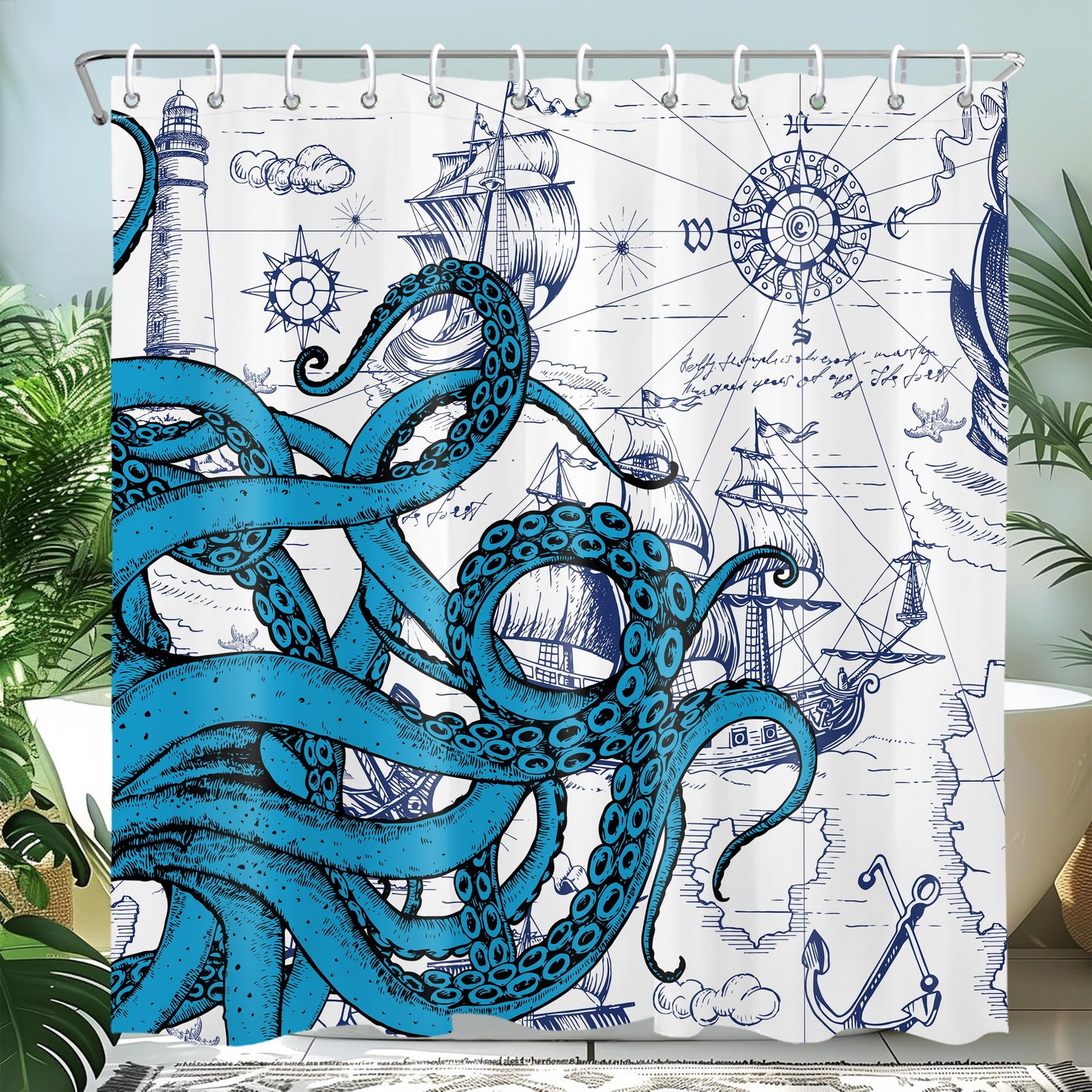 Mayormyth Shower Curtain Blue Nautical Octopus Funny Ocean Kraken Shower Curtains for Bathroom Decor Beach Coastal Pirate Map Shower Curtain Set Polyester Waterproof Cloth Fabric with Hooks