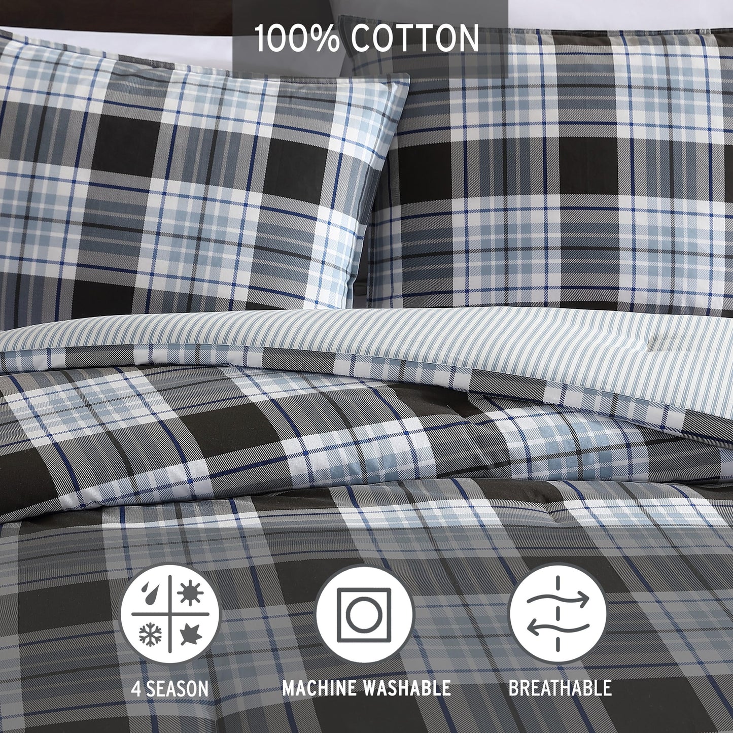 Eddie Bauer - Queen Comforter Set with Shams, Cotton Reversible Bedding, Medium Weight All-Season, Dorm Room Essentials, Lewis Plaid Navy