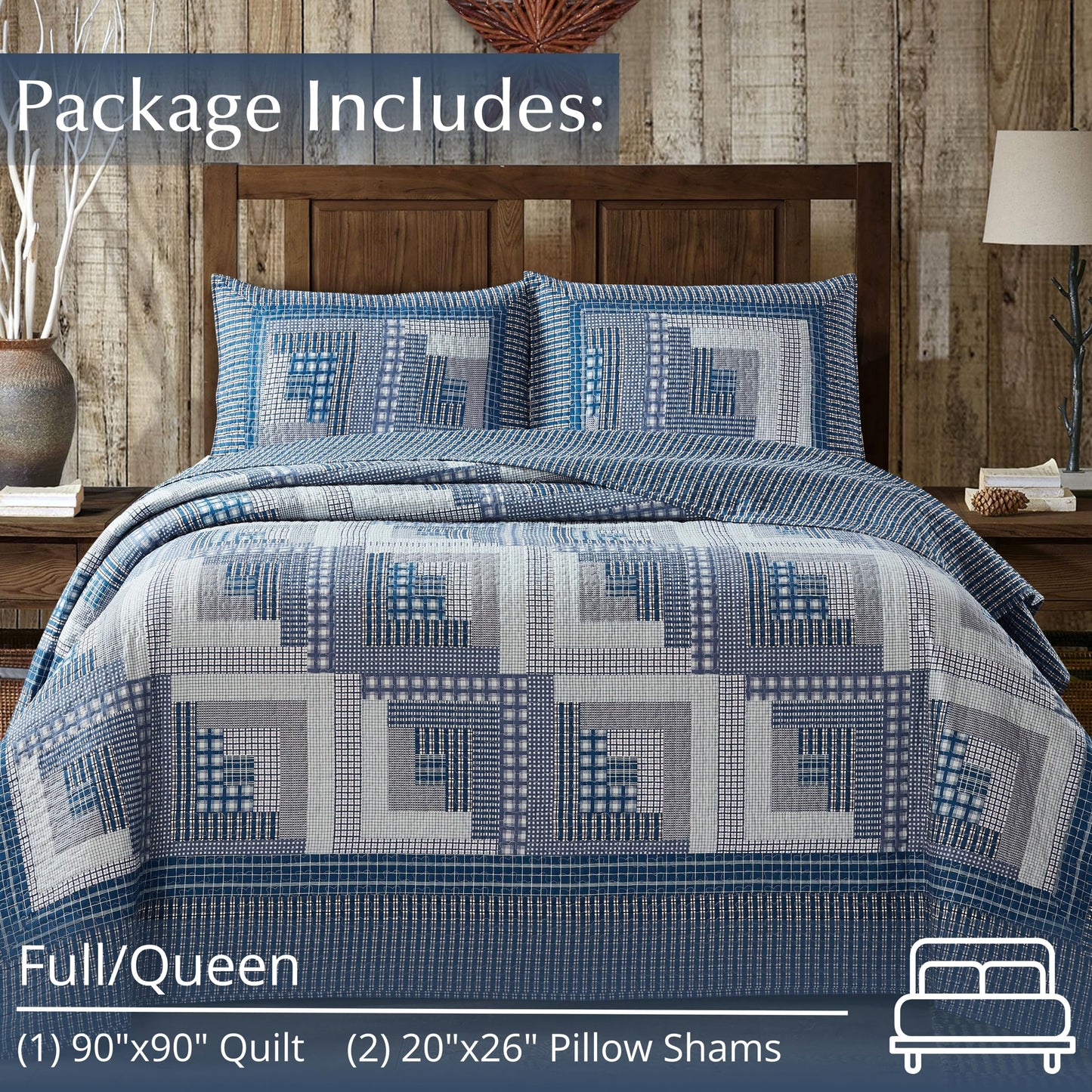 Virah Bella 2 Piece Full/Queen Lodge Quilt Bedding Set - Rustic Country Reversible Comforter Set with Decorative Pillow Shams - Montana Cabin: Blue/Gray