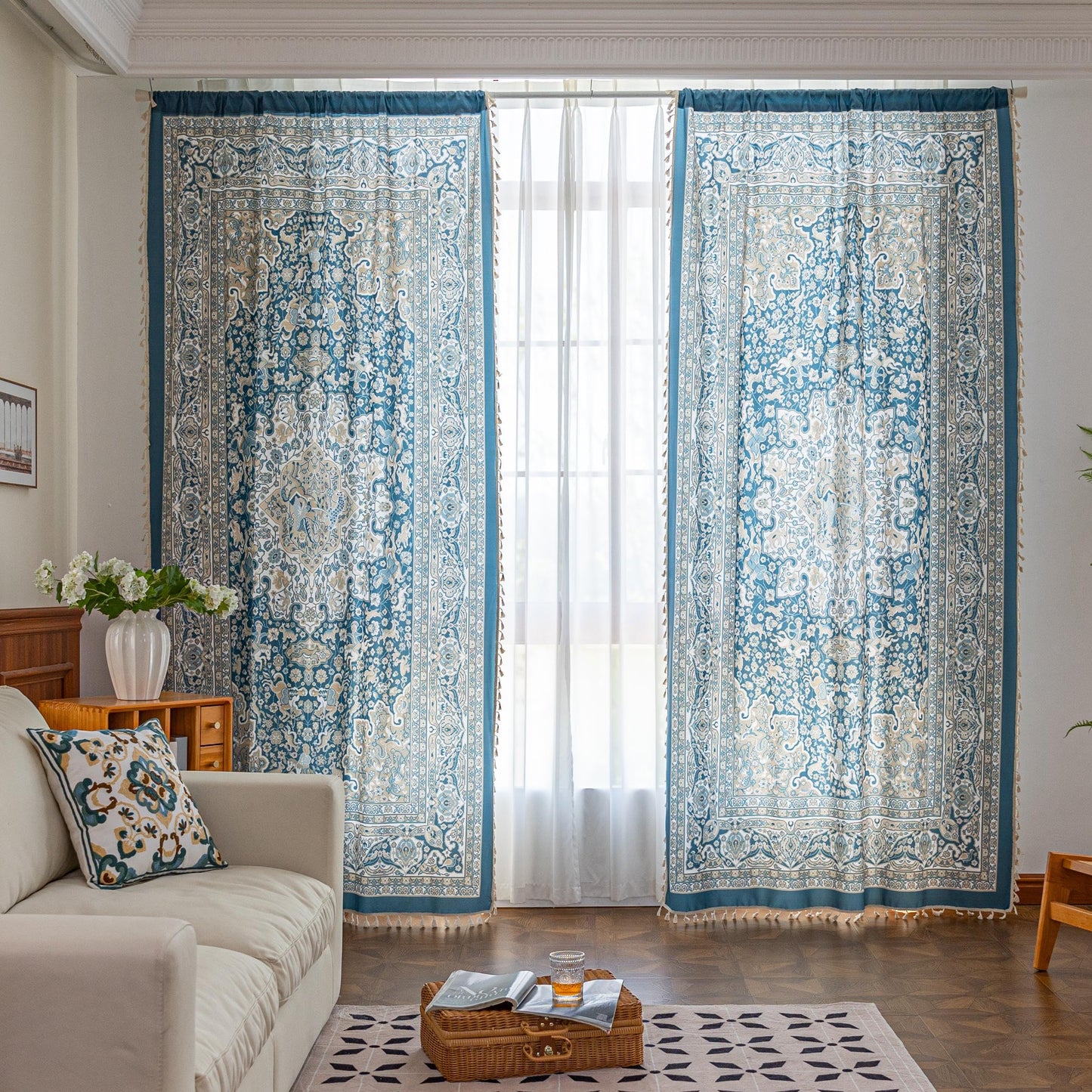 Erbnaryx Blue Medallion Curtains 72 Inches Long, Boho Farmhouse Light Filtering Rod Pocket Drapes with Tassel Trim for Bedroom Living Room, 2 Panels