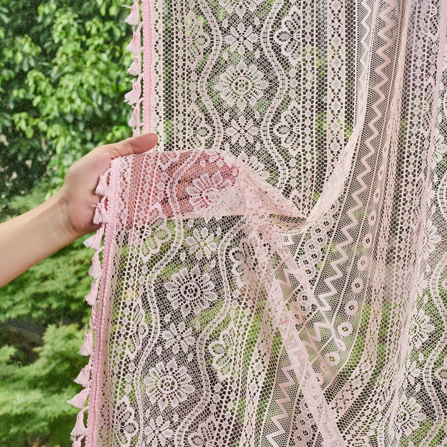 MYSKY HOME Pink Sheer Lace Curtains 2 Panels 90 inch Length for Girls Room Nursery Boho Vintage Floral Crochet Pattern Privacy Rod Pocket Tassels Small Windows Curtains, Wide 55 inch, 2 PCs